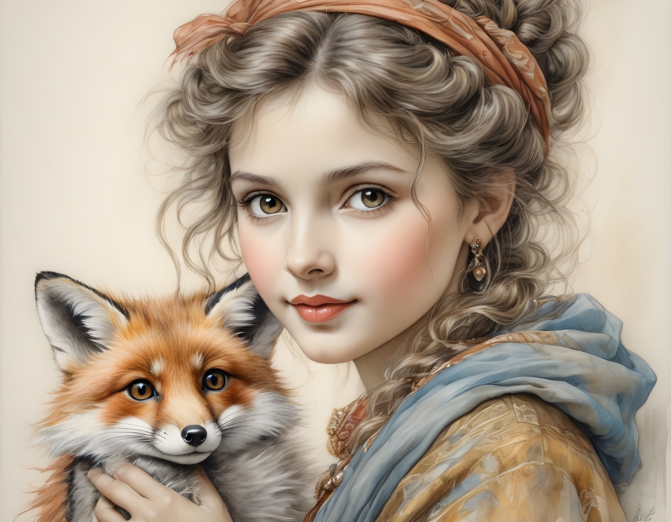 Young girl with fox in ornate outfit and blue scarf