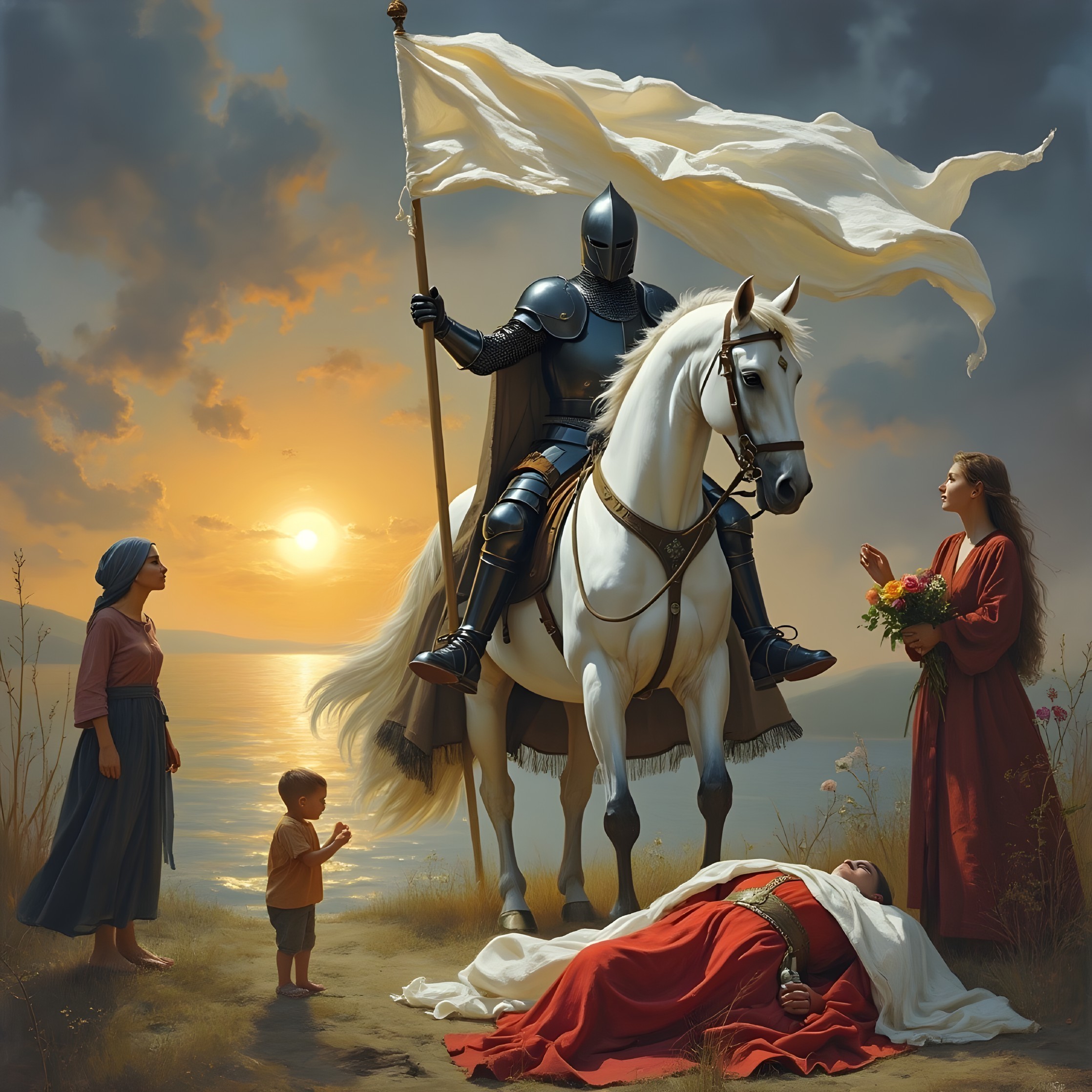 Knight on Horse with Flag in Sunset Landscape Scene