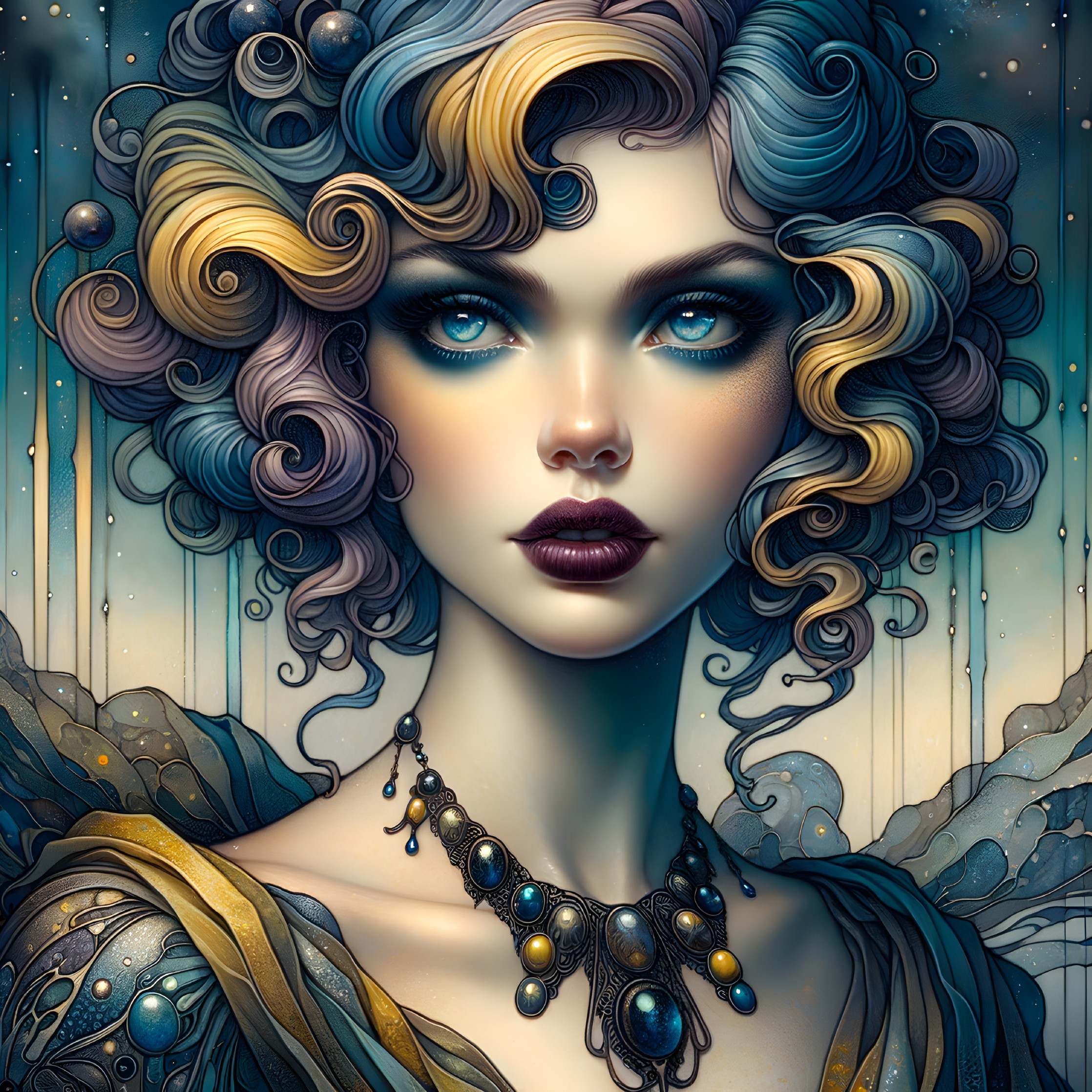 Portrait of a Woman with Blue and Gold Curly Hair