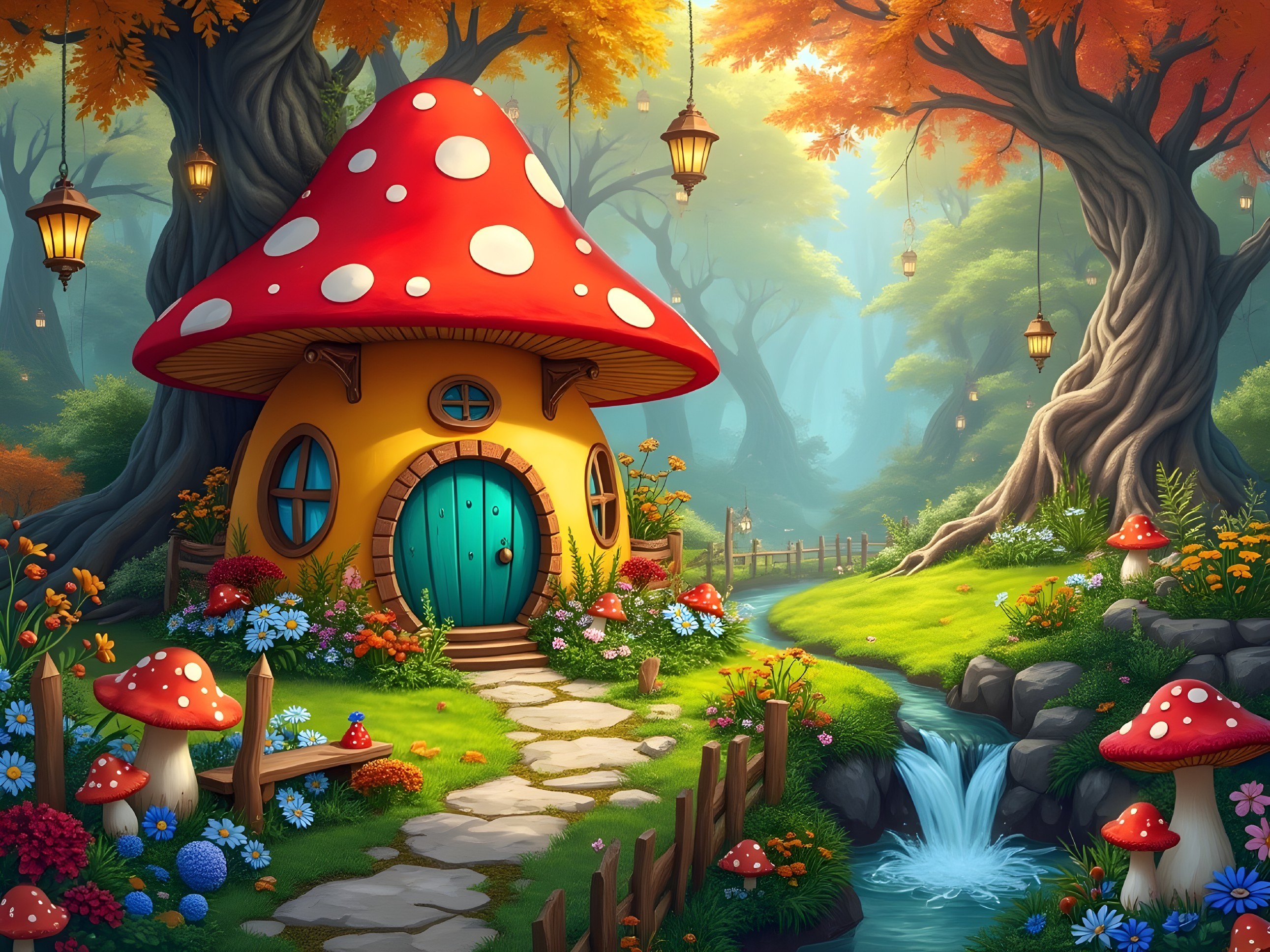 Whimsical Mushroom House in a Vibrant Forest Setting