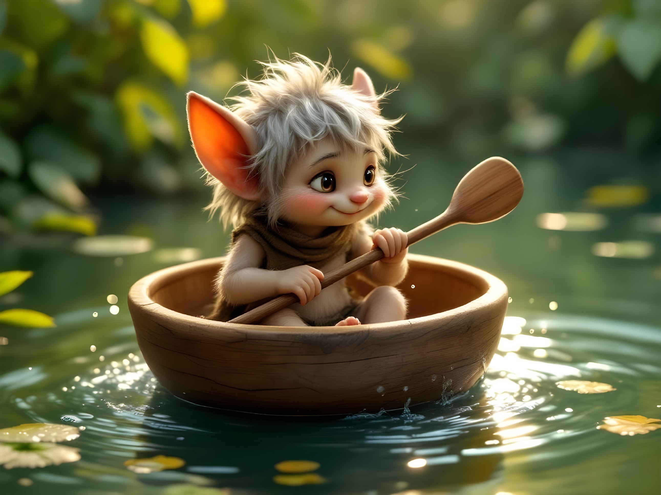 Whimsical Creature Paddling in a Serene Pond