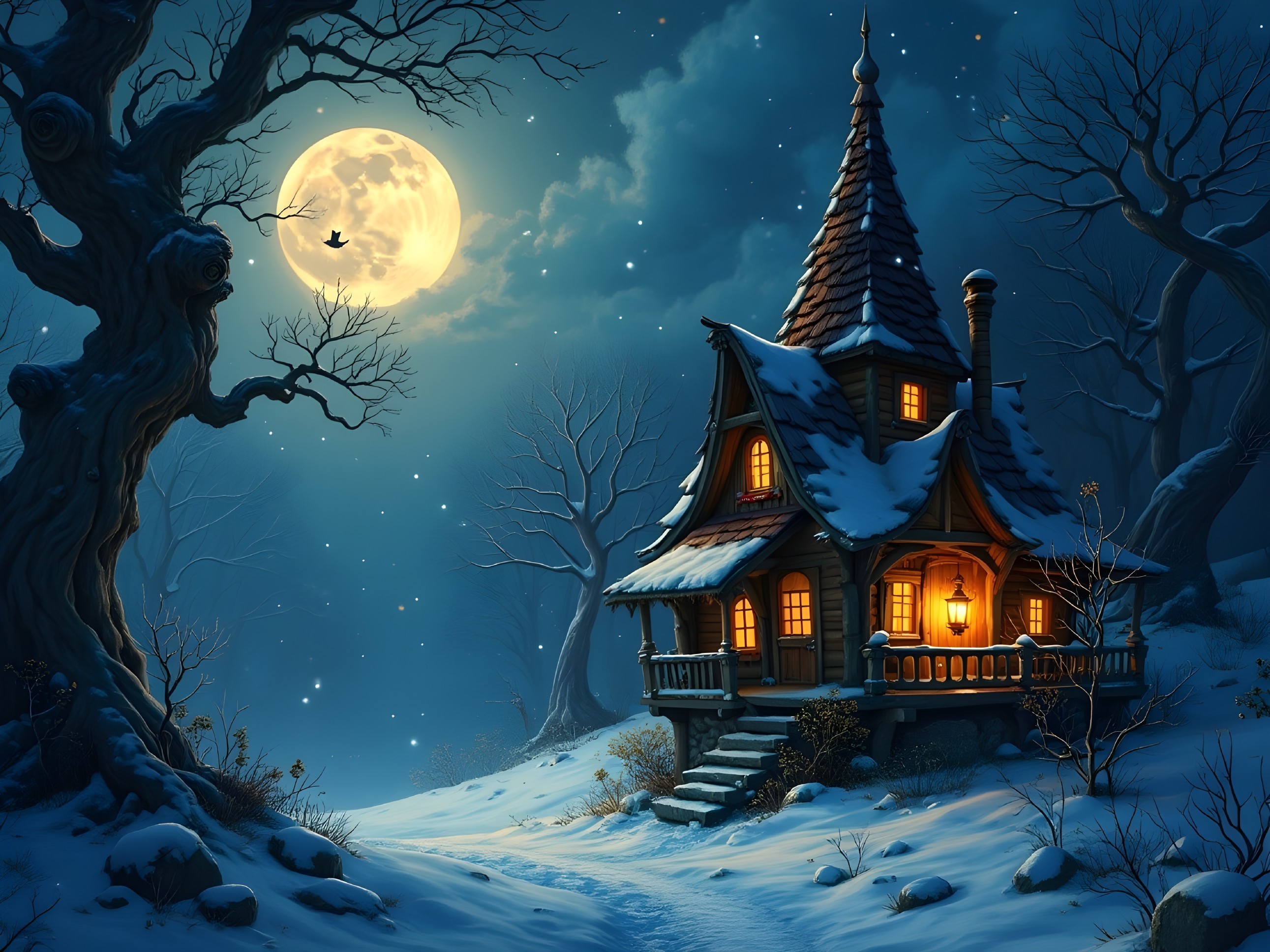 Fairy-Tale Cottage in a Snowy Moonlit Landscape