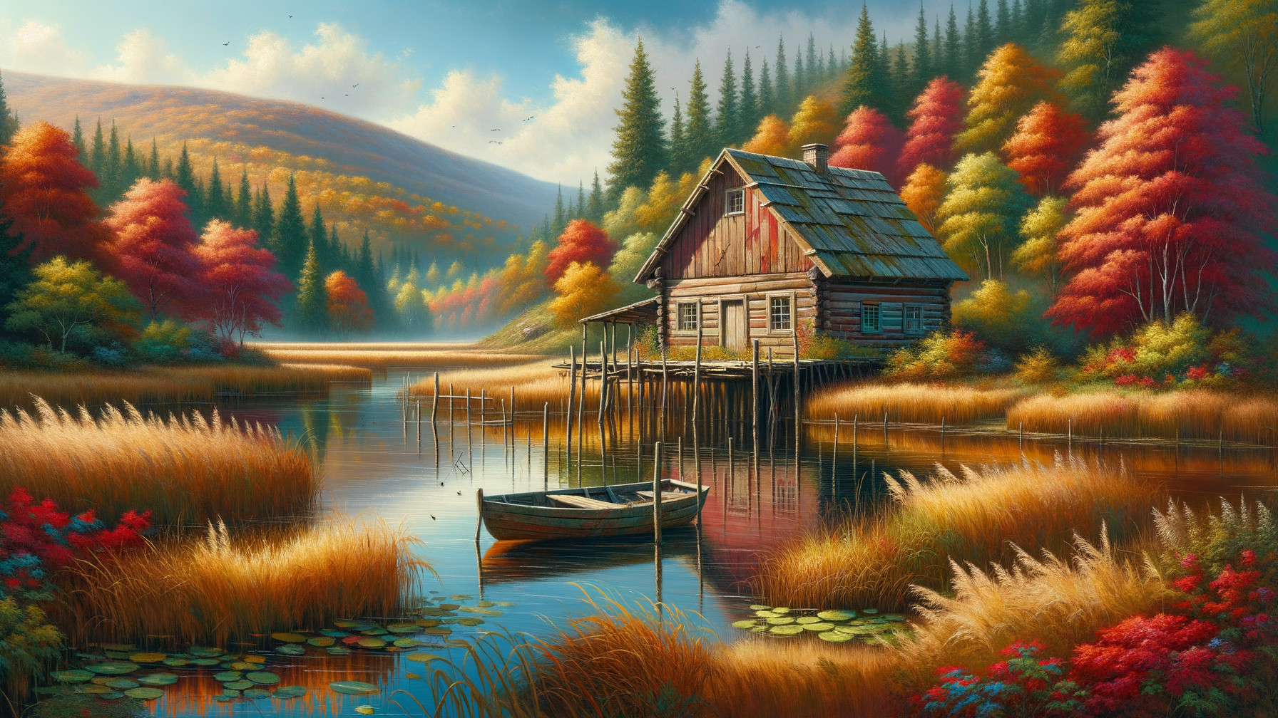 Serene Autumn Landscape with Rustic Cabin and Lake