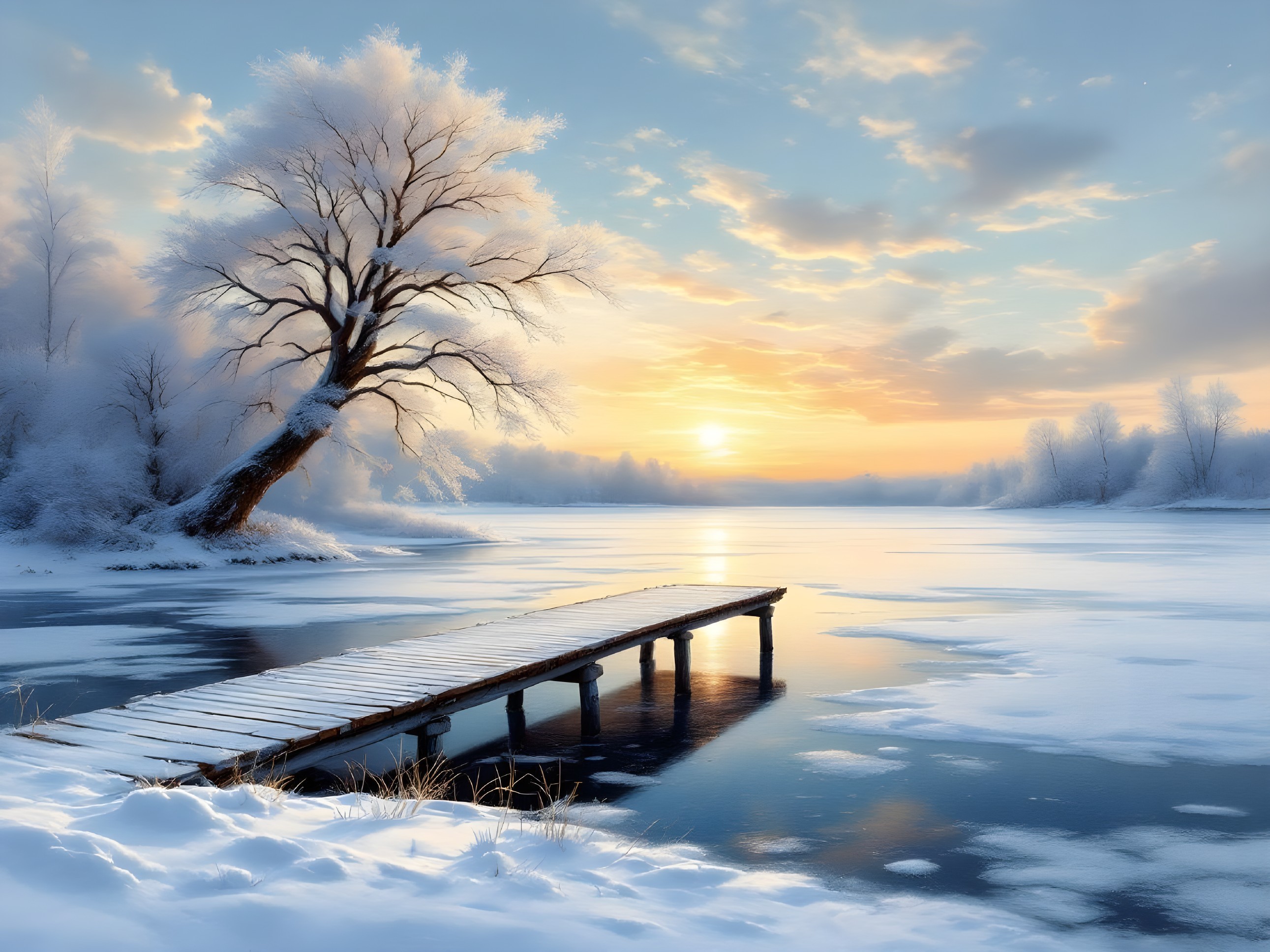 Serene Winter Landscape with Frozen Lake and Pier