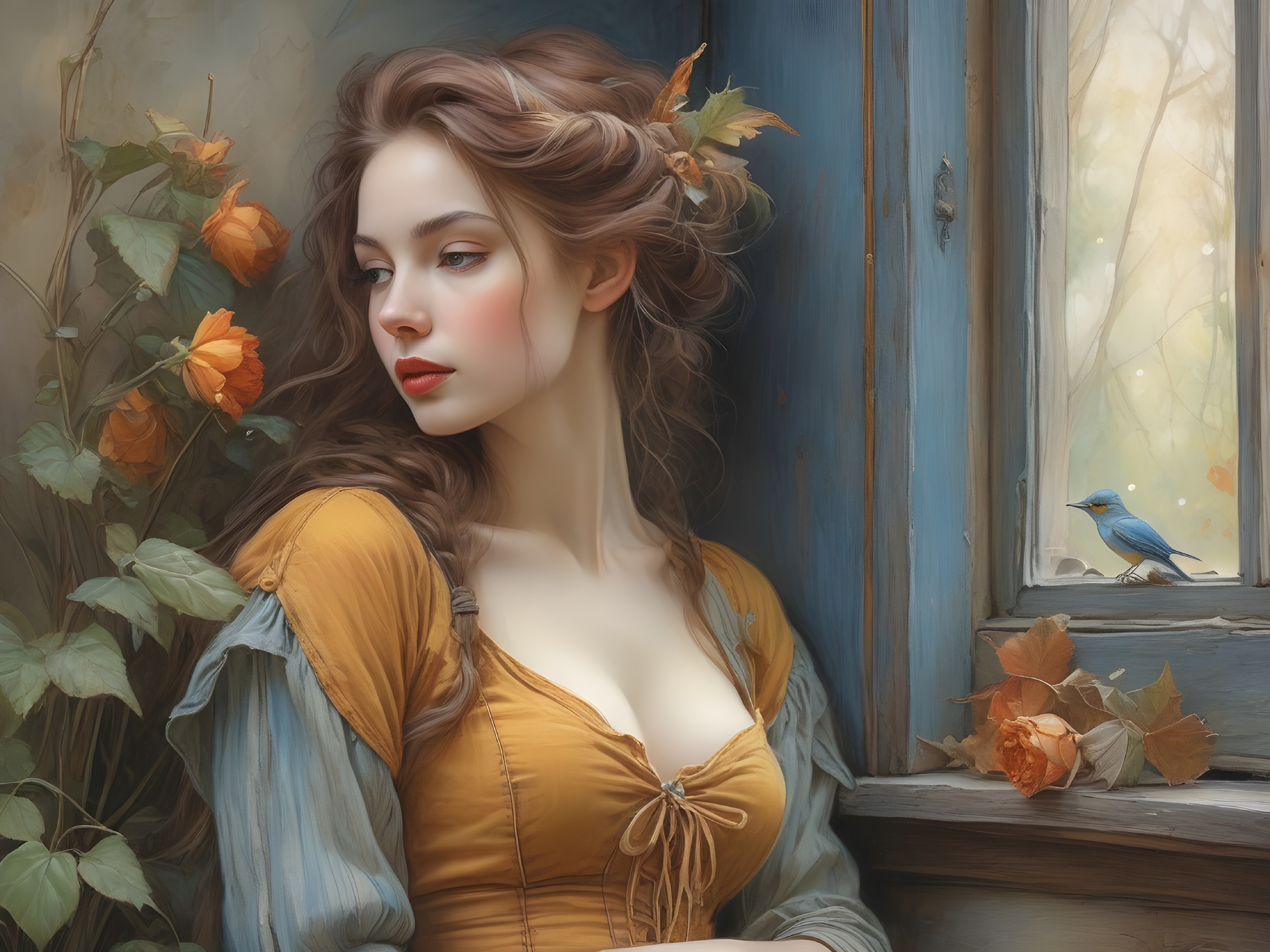 Young woman in yellow gown by window with roses and bird