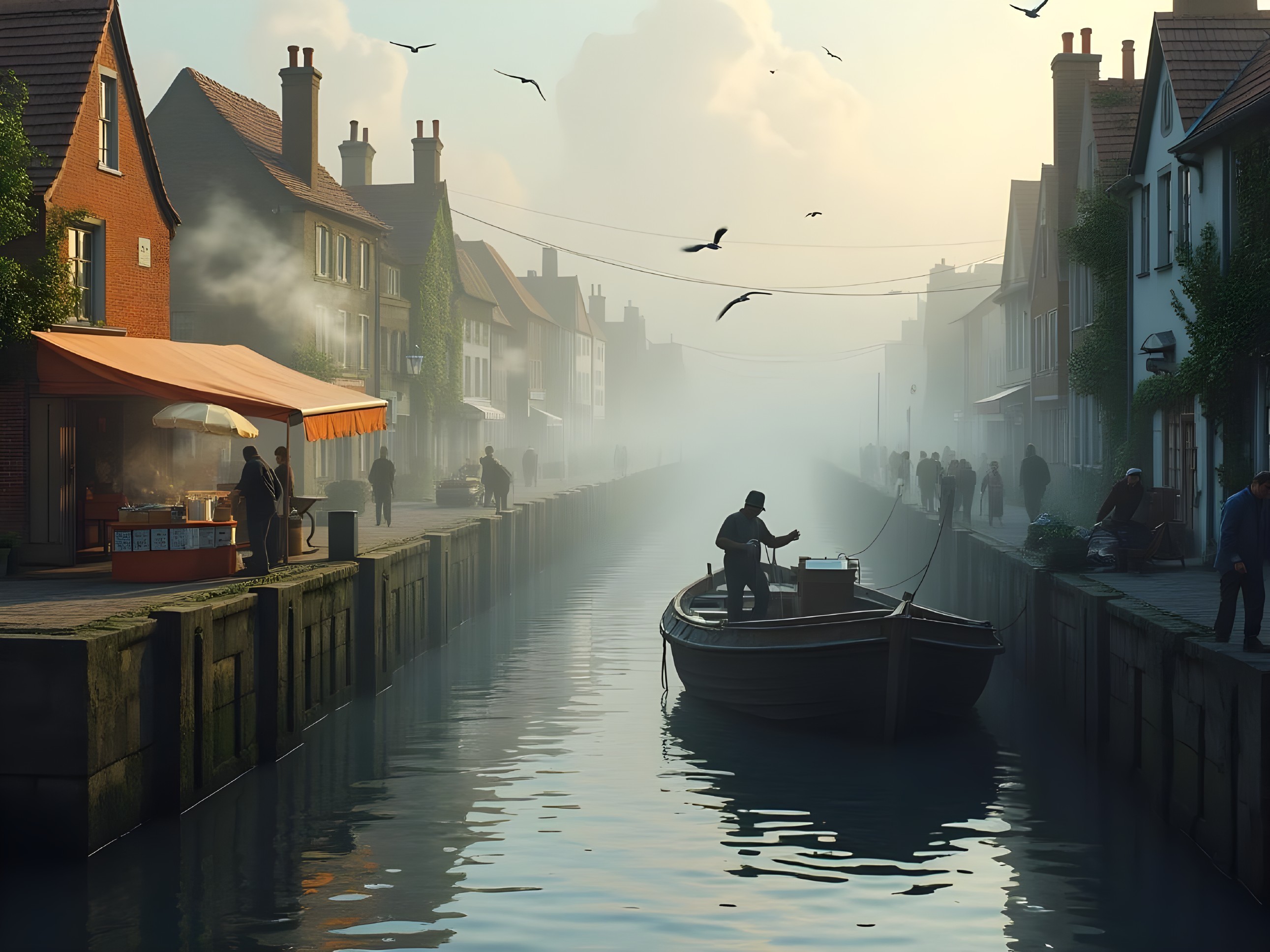 Serene Canal Scene at Dawn with Mist and Brick Houses