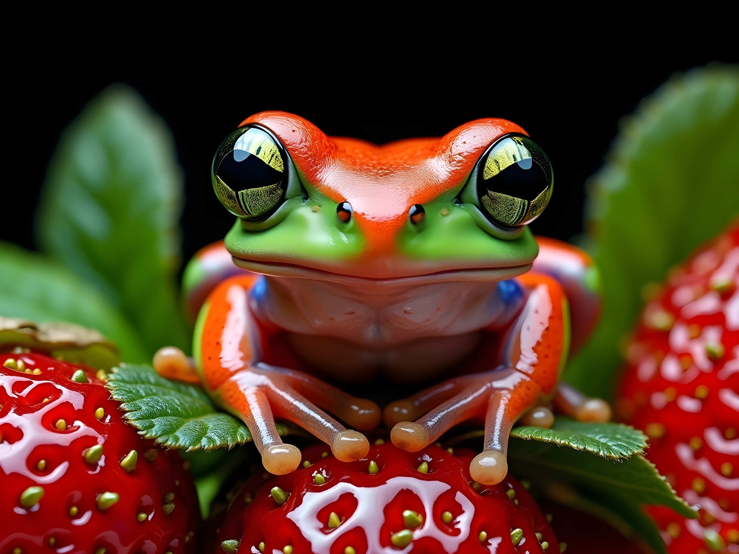 Red and green tree frog on glossy red strawberries