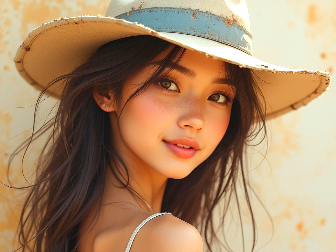 Young woman with hat and radiant smile in soft light