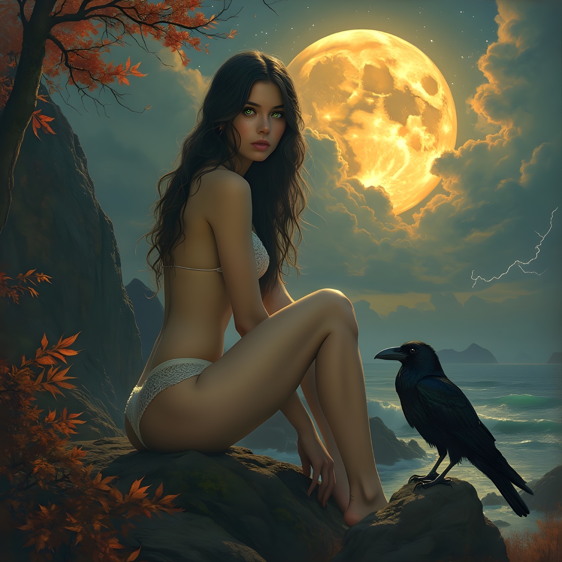 Young woman in lingerie gazes at full moon by ocean