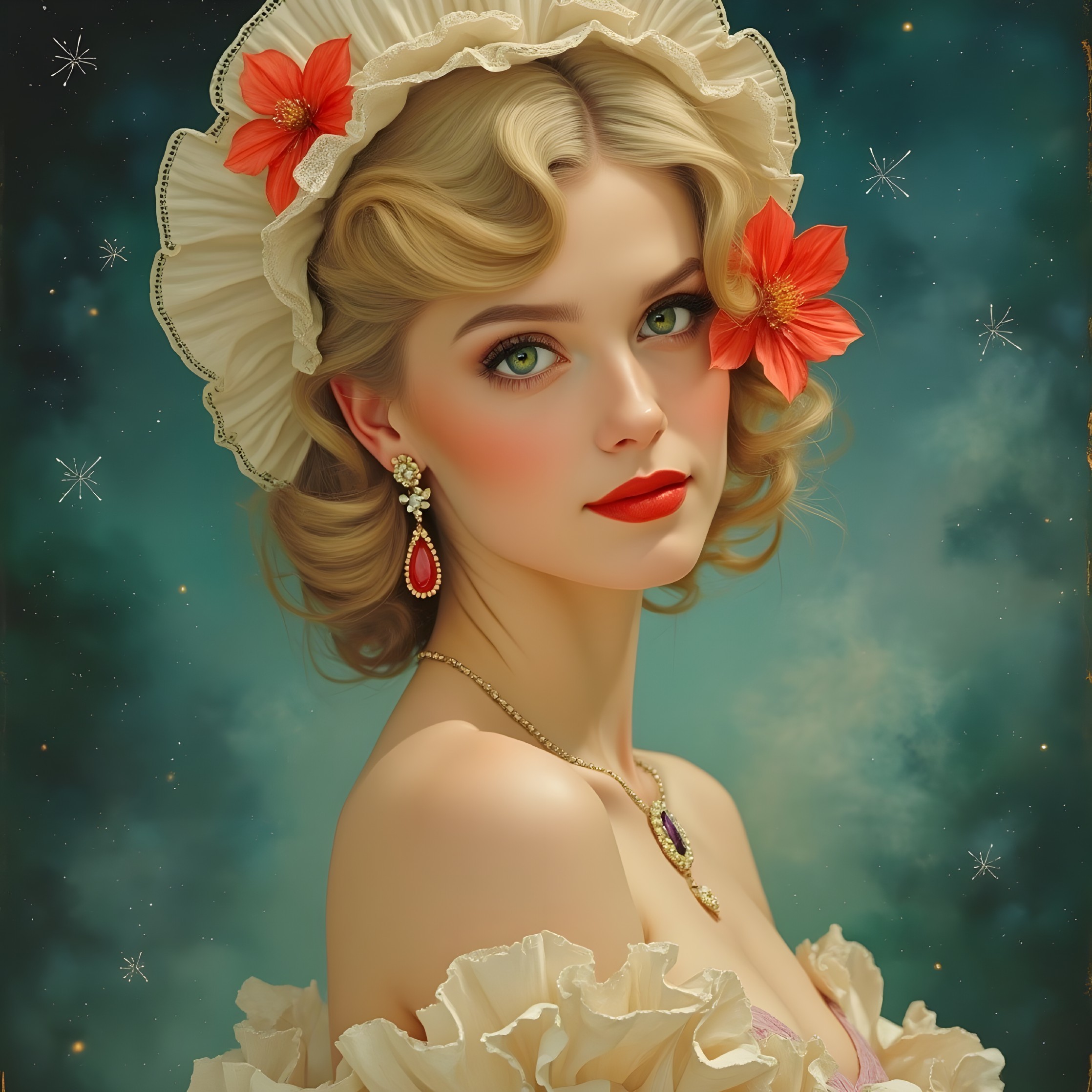Portrait of a Young Woman with Flowers and Stars
