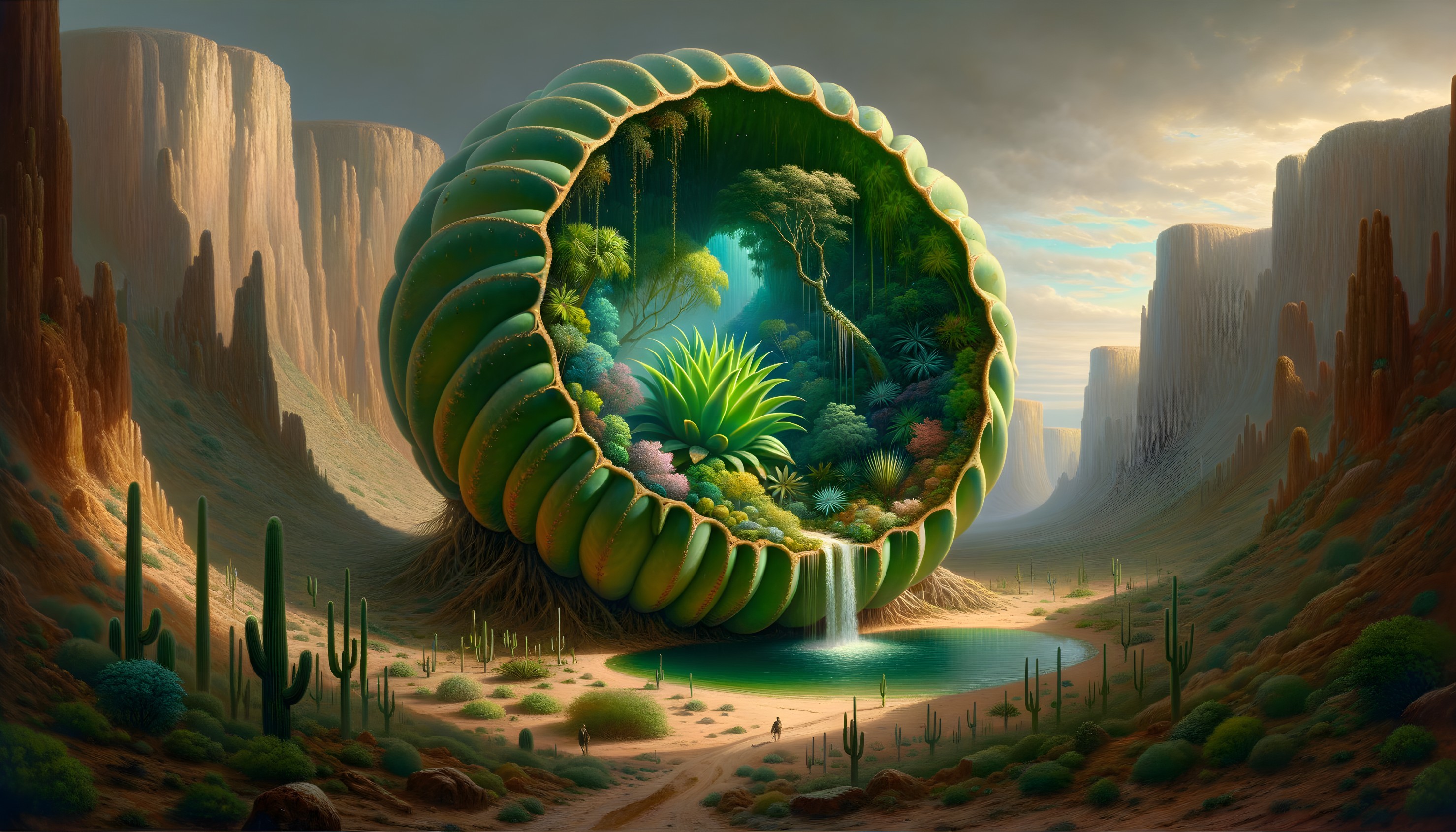 Surreal Landscape with Giant Green Shell and Oasis