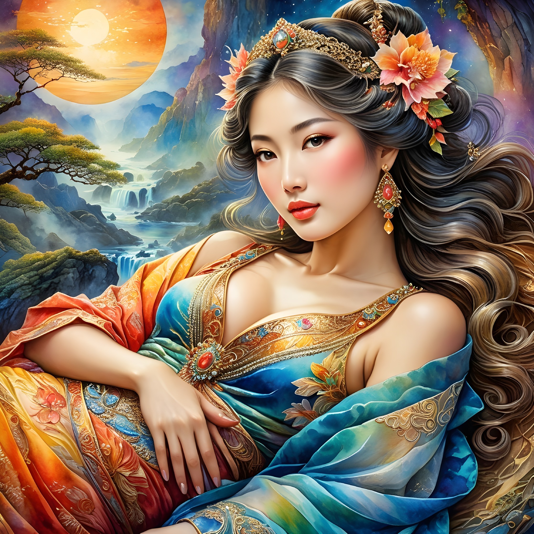 Serene Woman in Vibrant Gown Against Scenic Landscape