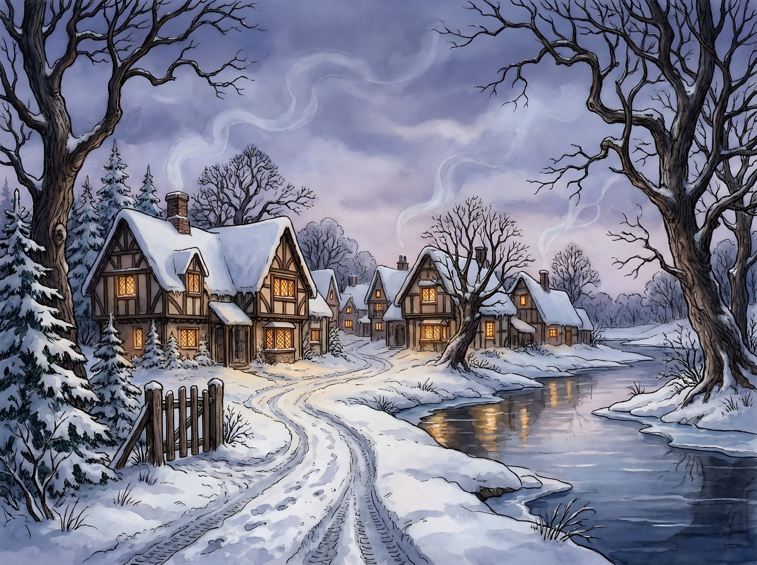 Winter Town Watercolor with Snowy Path and Houses