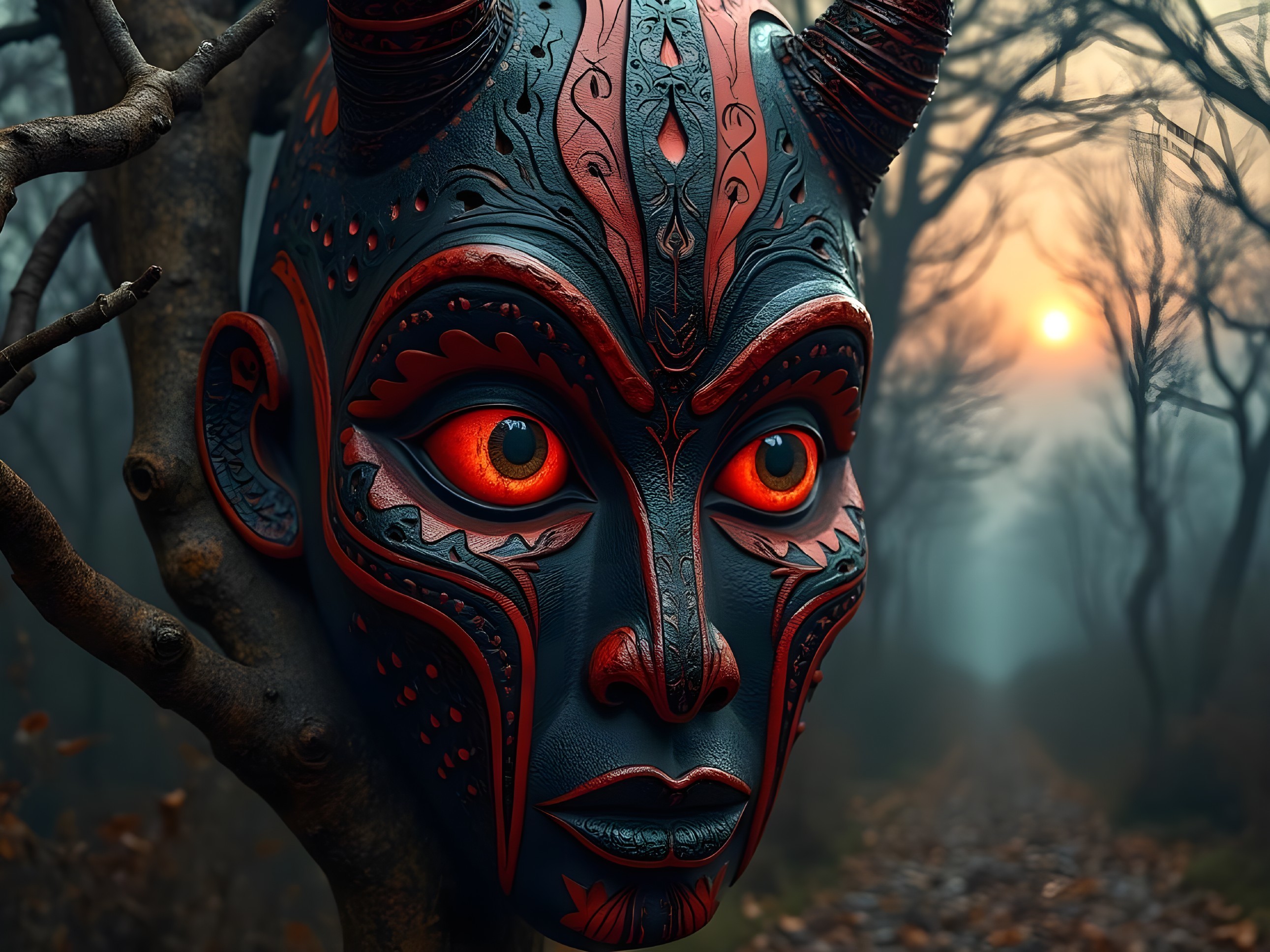 Misty Forest Sunset with Haunting Mask and Fog
