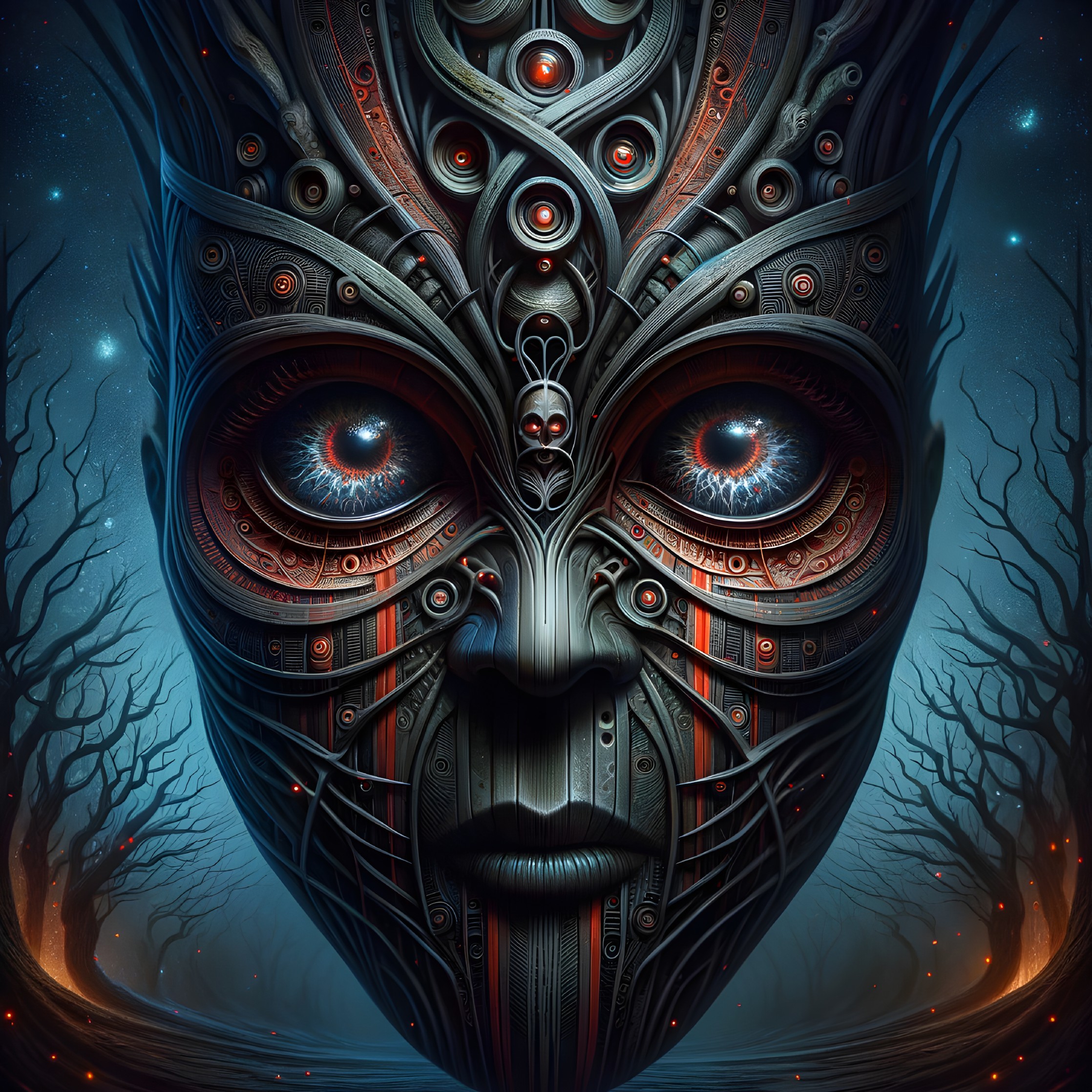 Surreal Face with Mechanical and Organic Elements