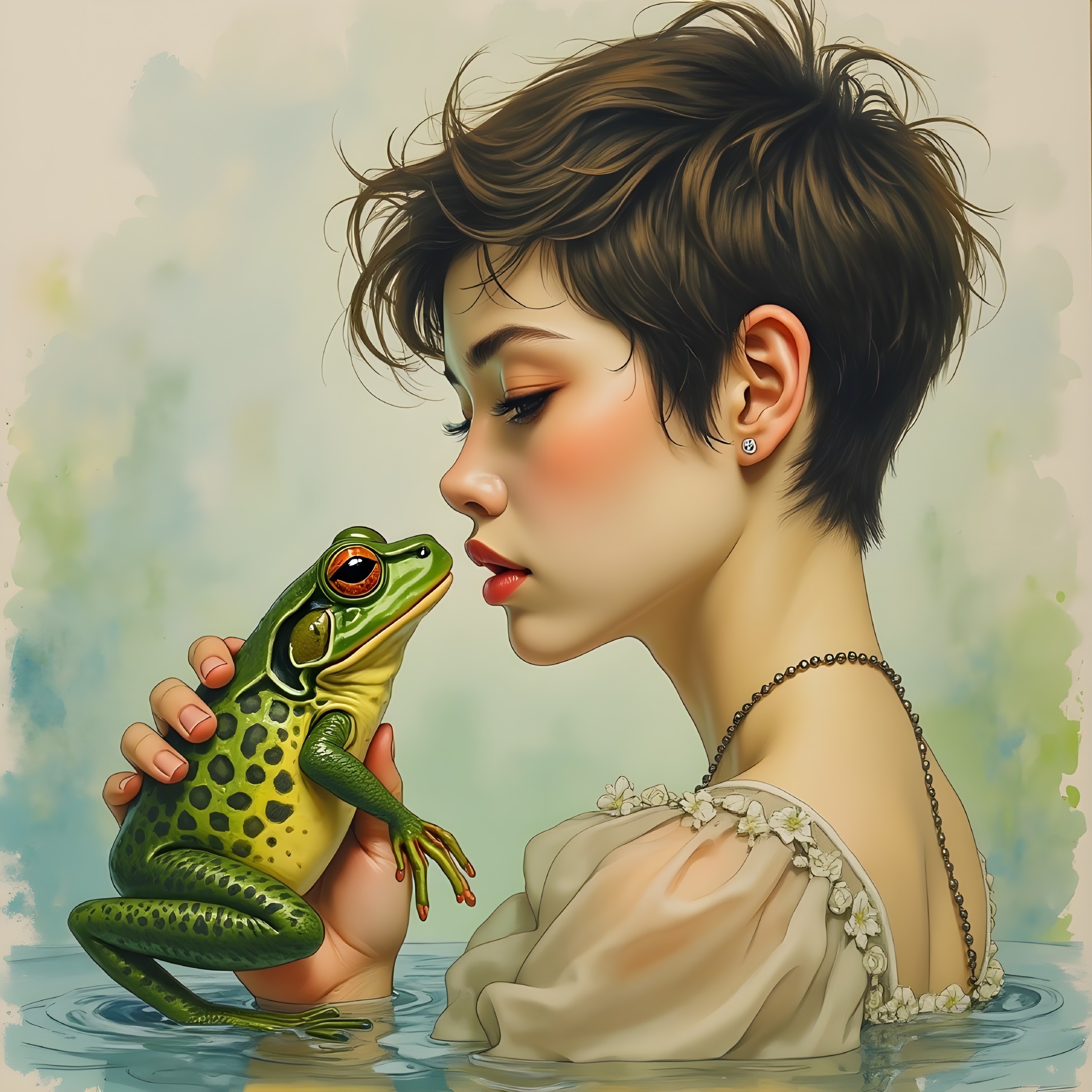 Young Woman with Frog in Serene Aquatic Setting