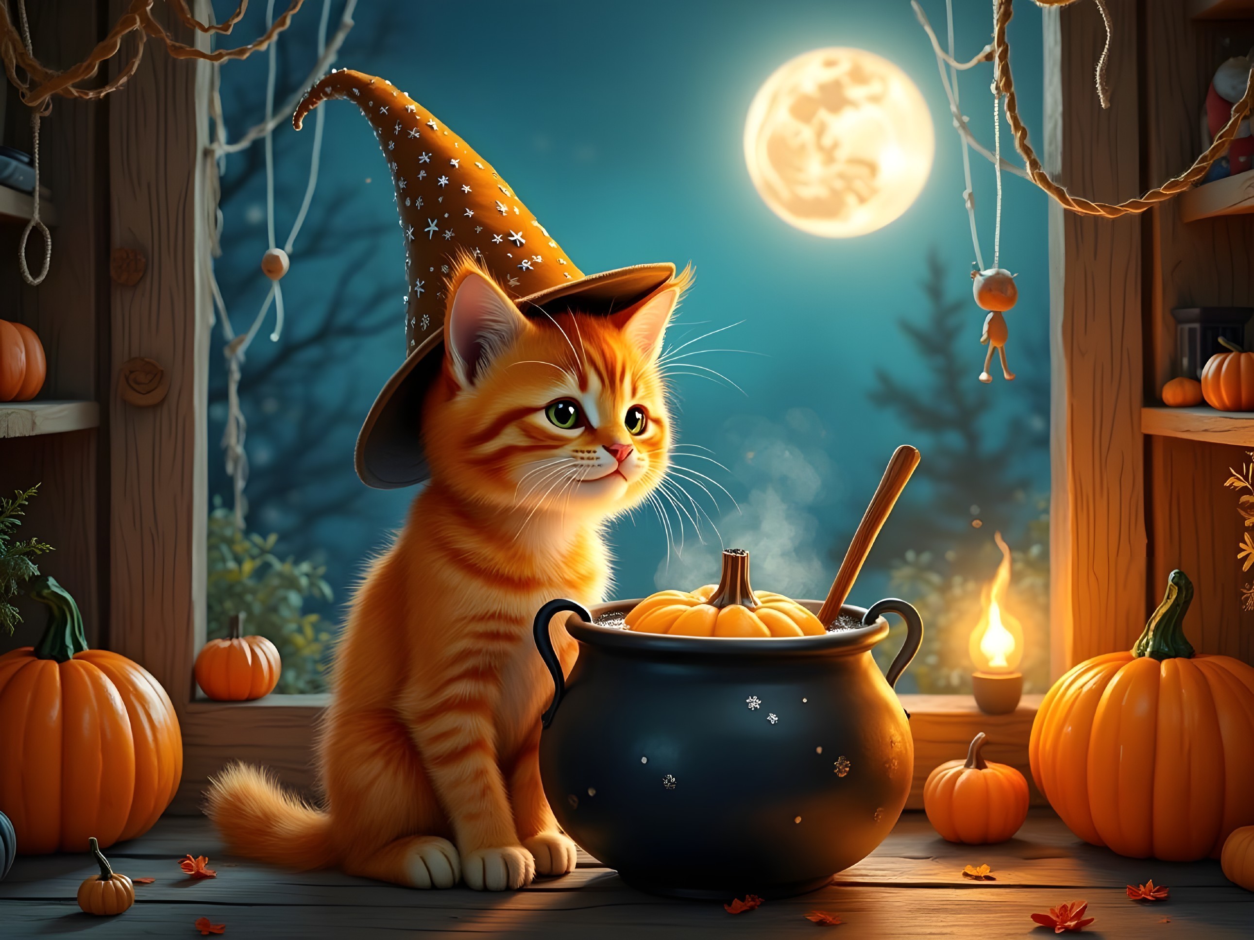 Fluffy Orange Kitten in Whimsical Halloween Scene