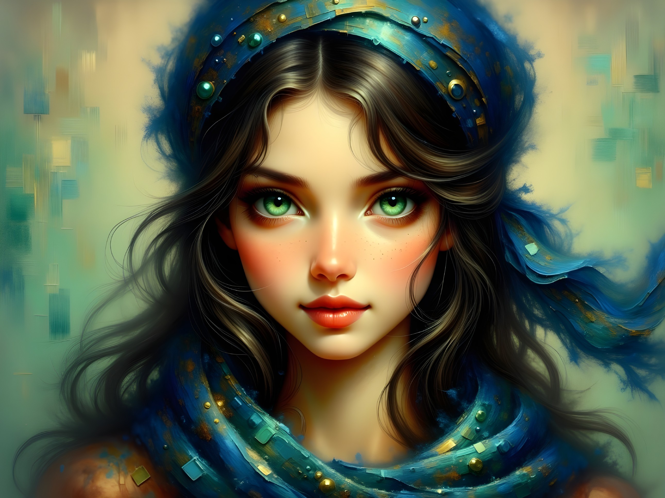 Young Woman with Green Eyes and Blue Scarf