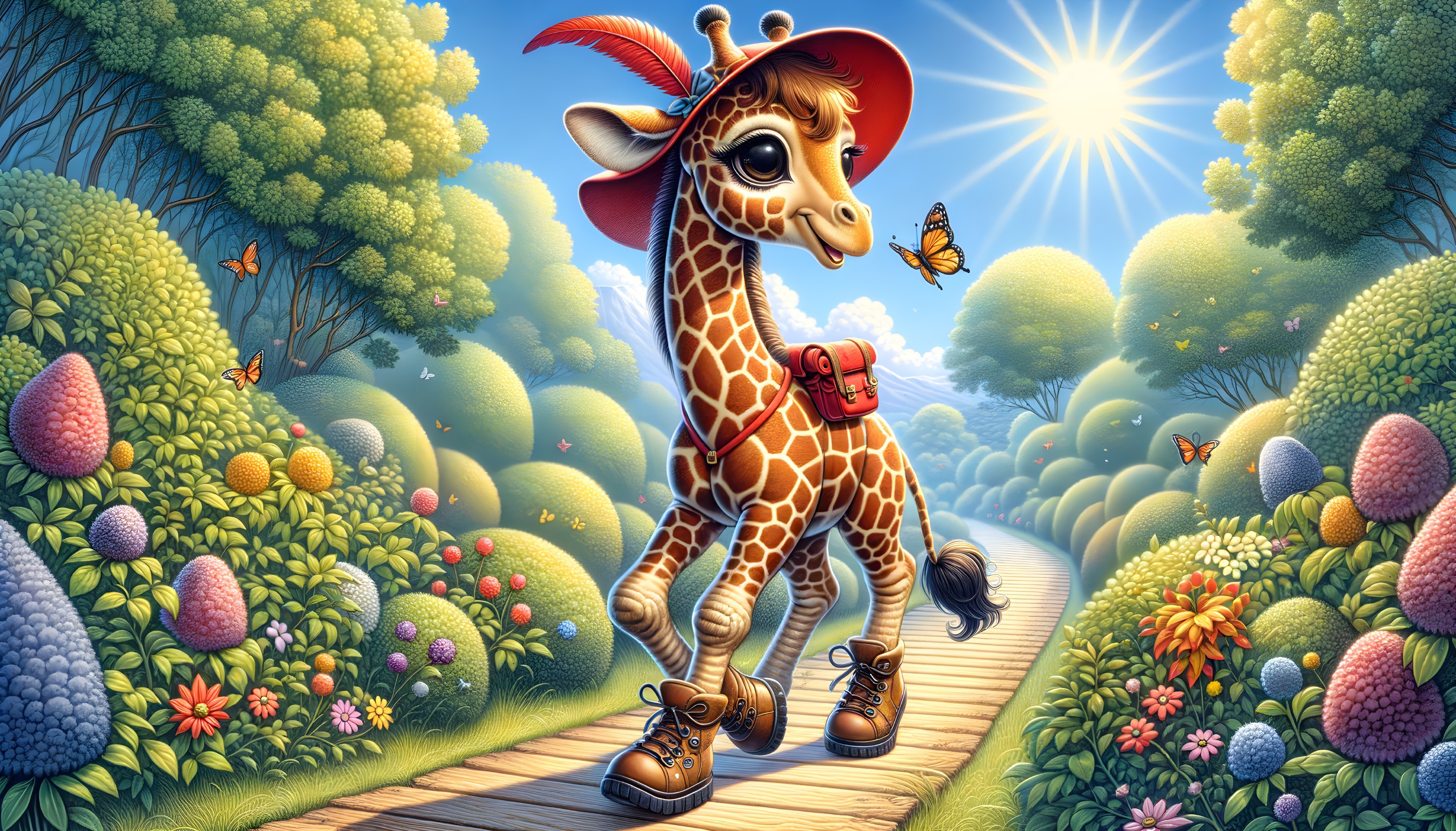 Whimsical Giraffe in Red Hat on Colorful Path