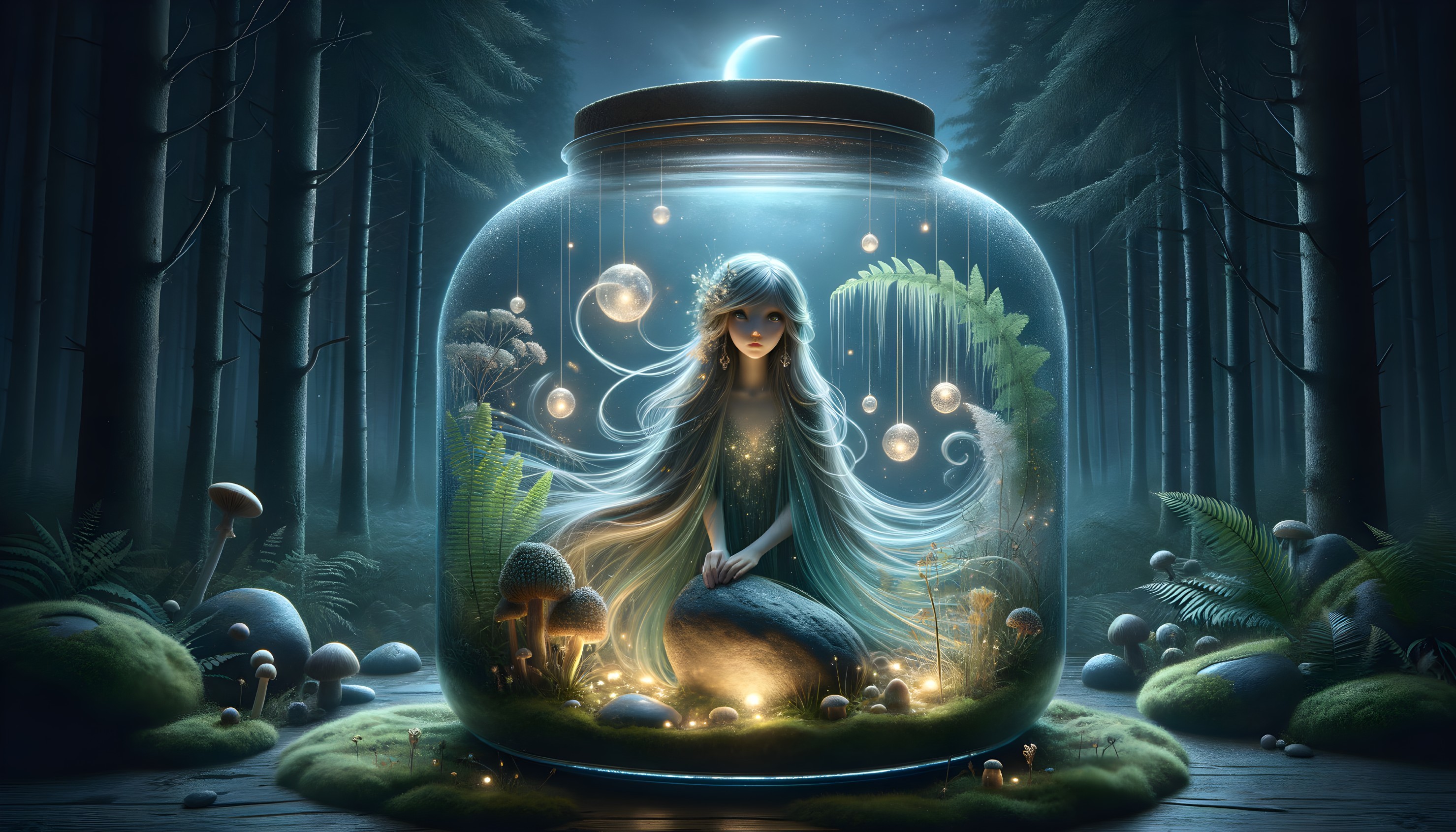 Mystical Forest Scene with Glowing Glass Jar Figure