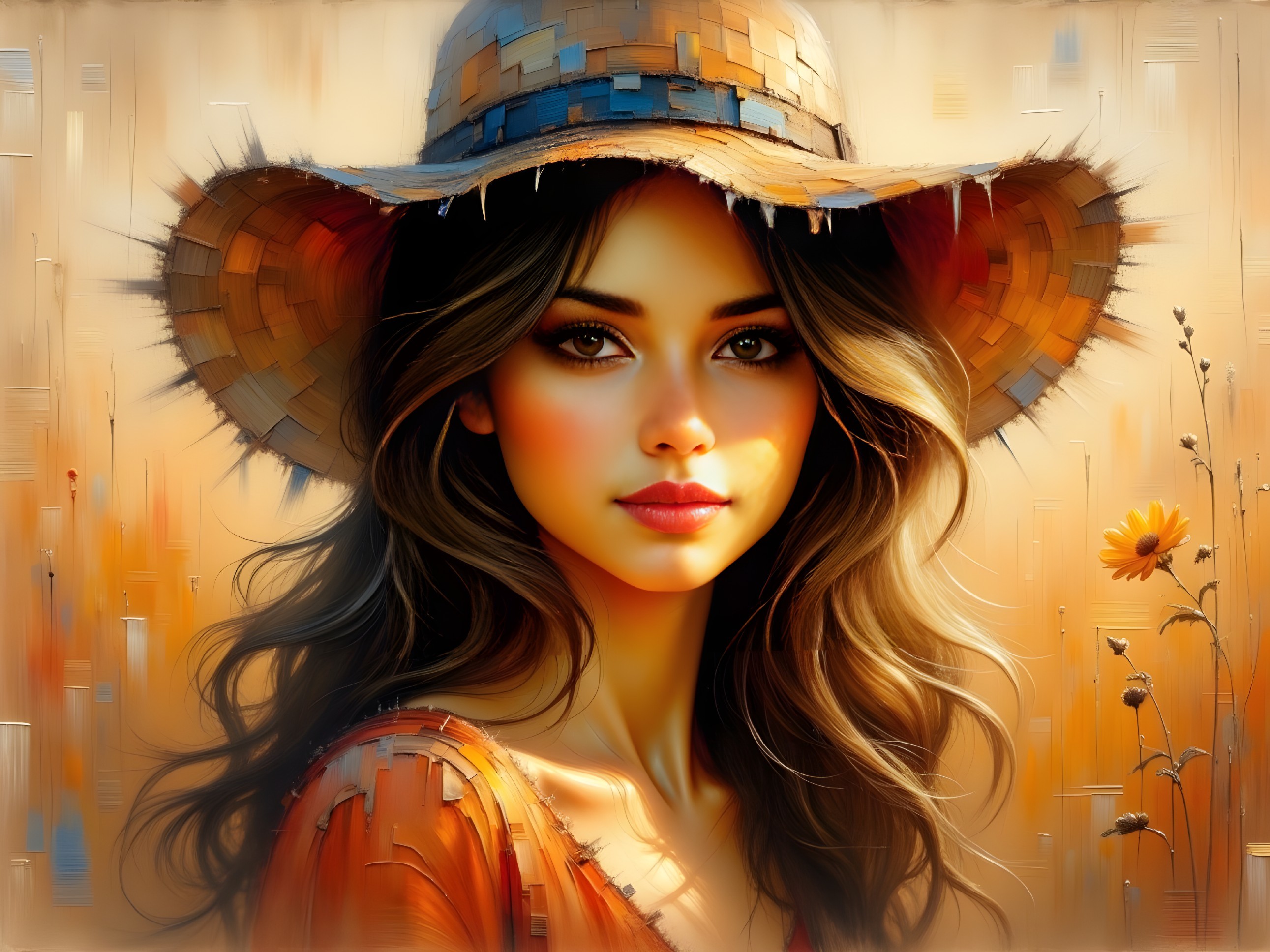 Young Woman in Orange Dress with Straw Hat in Nature