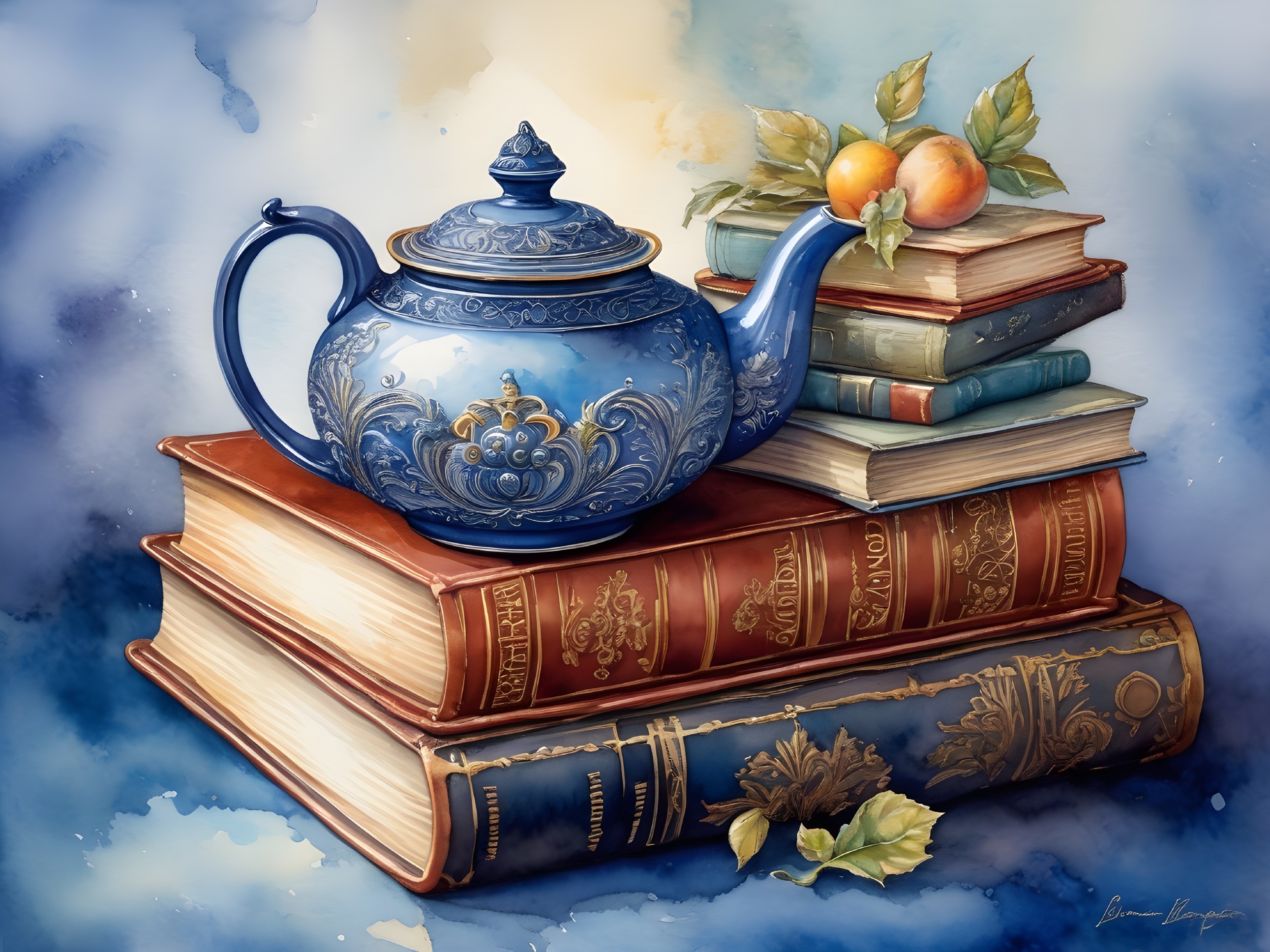 Blue Porcelain Teapot with Vintage Books and Fruits