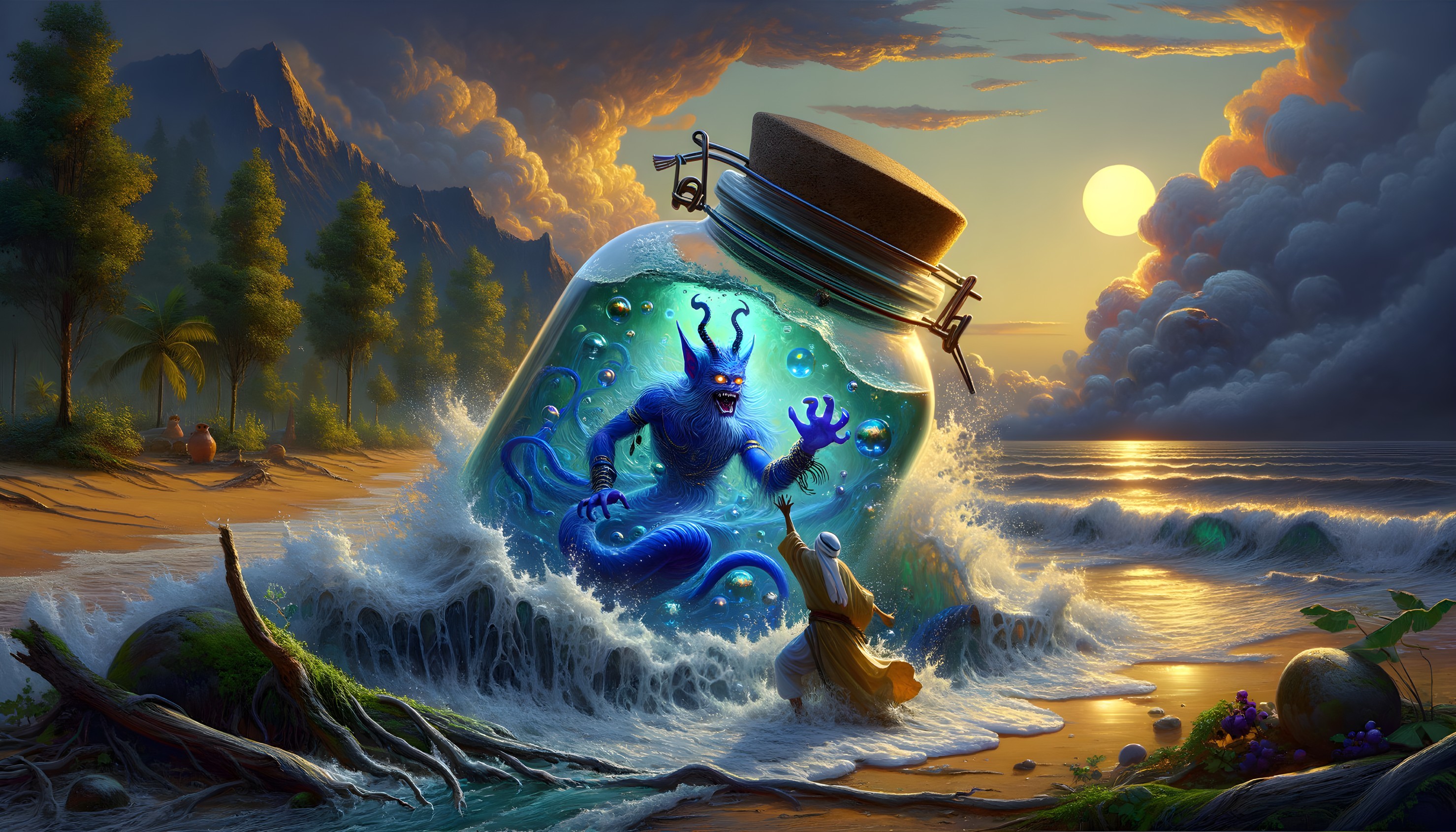 Octopus in jar on beach at sunset with crashing wave