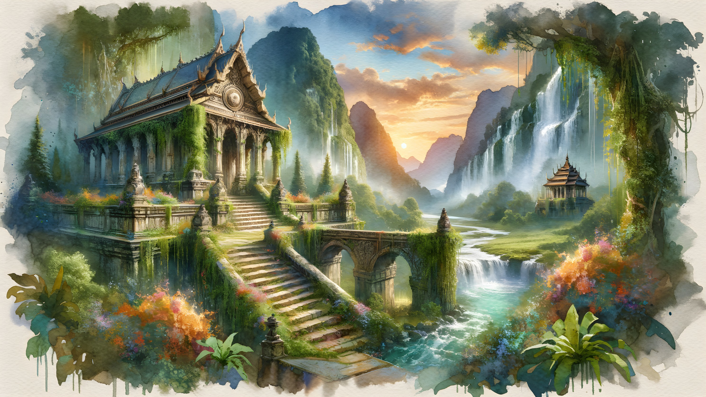 Ancient Temple Surrounded by Lush Landscape and Waterfalls