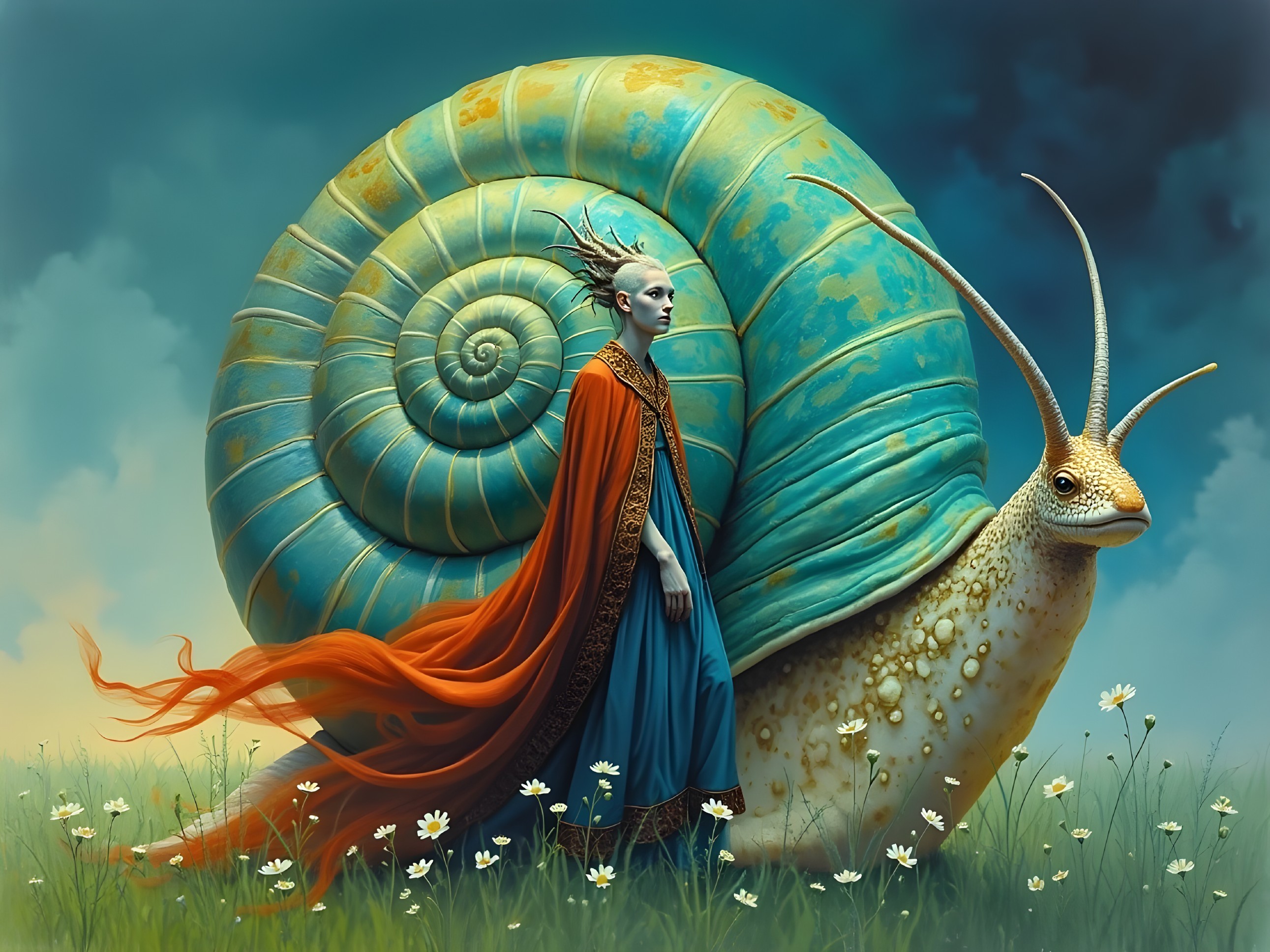 Surreal Scene with Graceful Figure and Oversized Snail