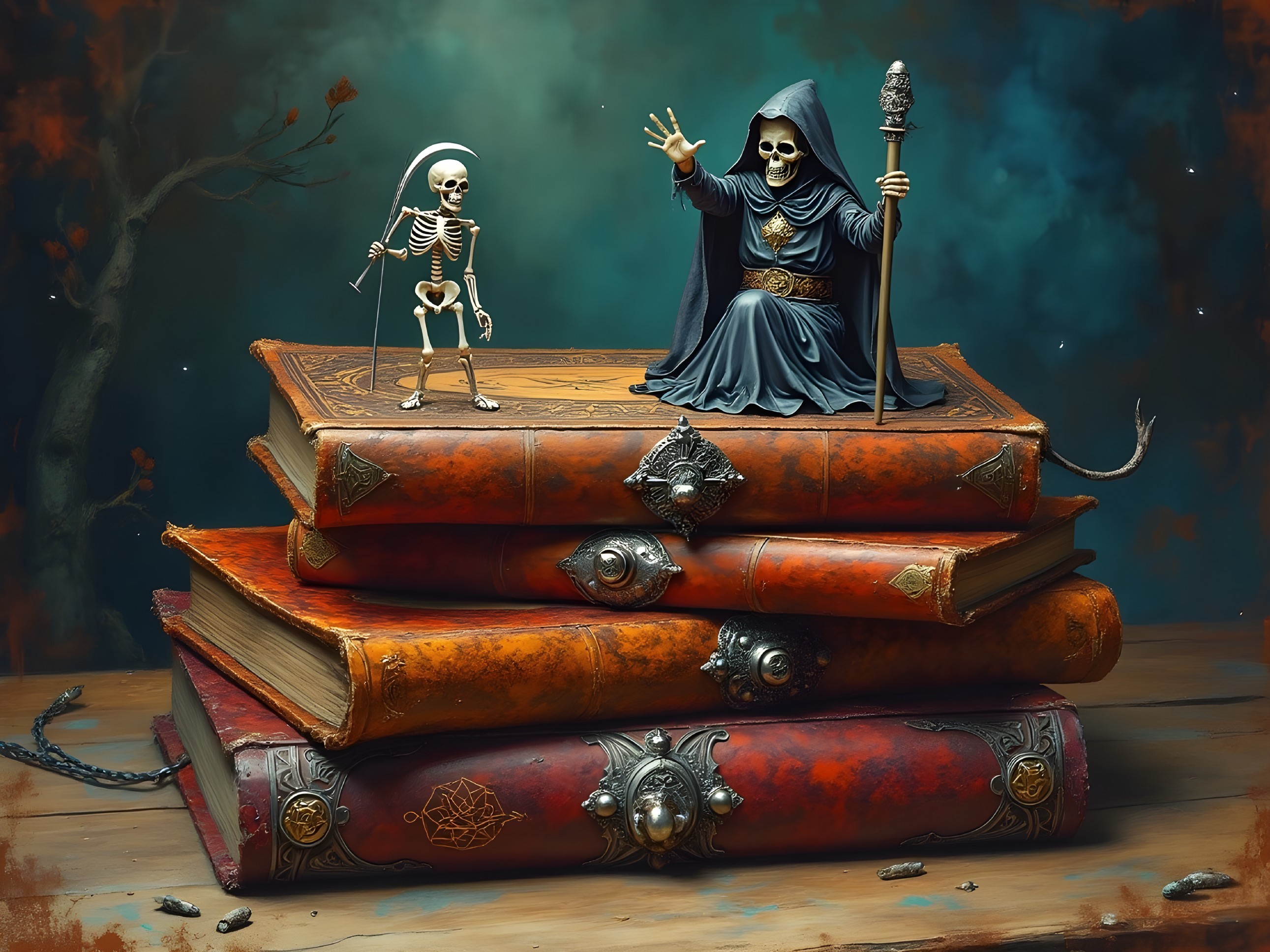 Whimsical Scene of Skeletons with Ancient Books