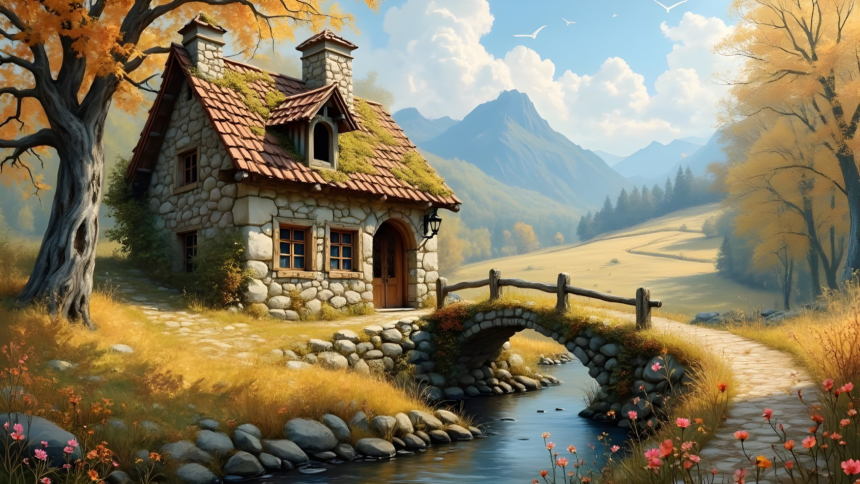 Stone Cottage Surrounded by Autumn Trees and Mountains