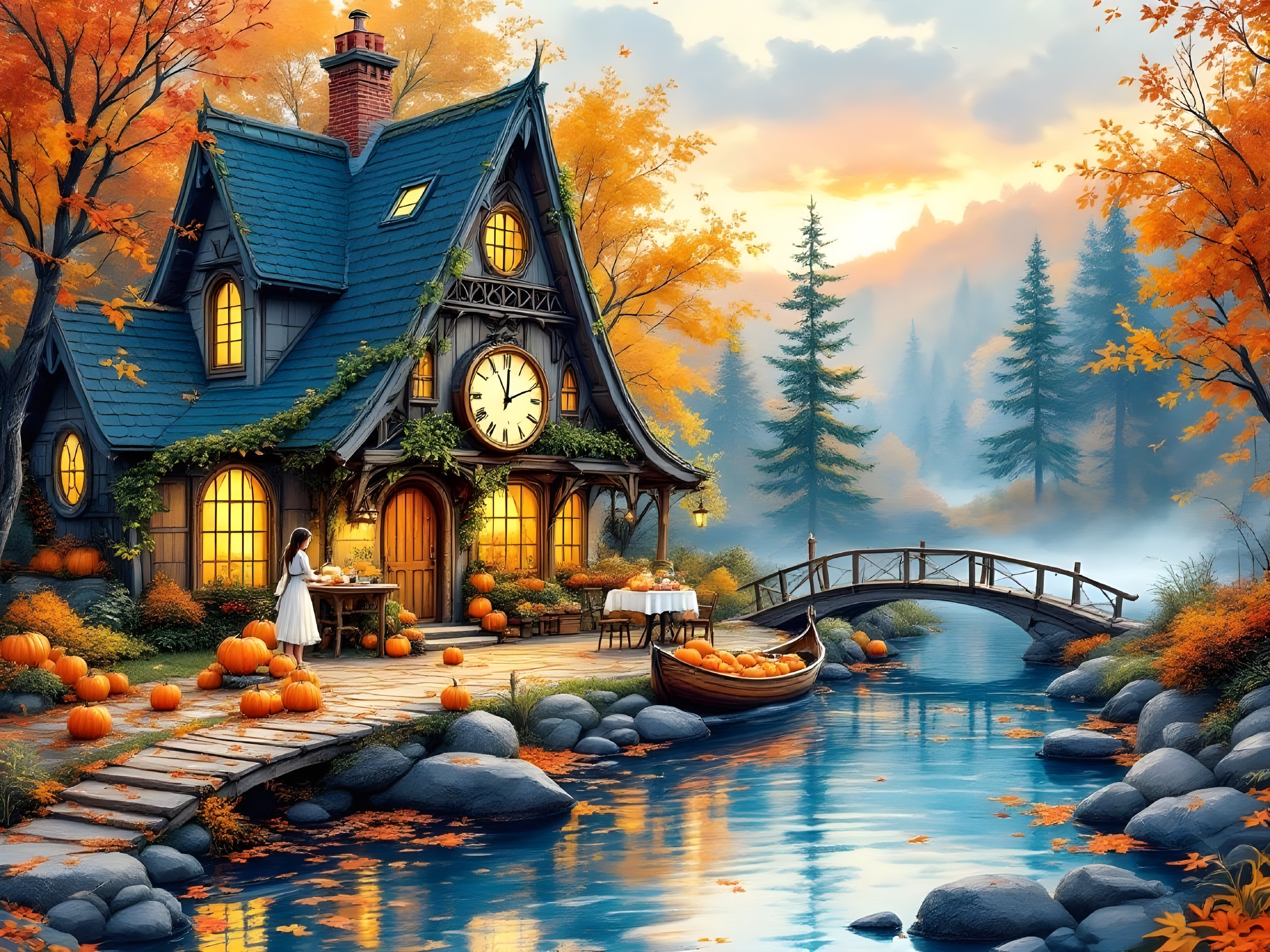 Whimsical Cottage by Serene River in Autumn Foliage