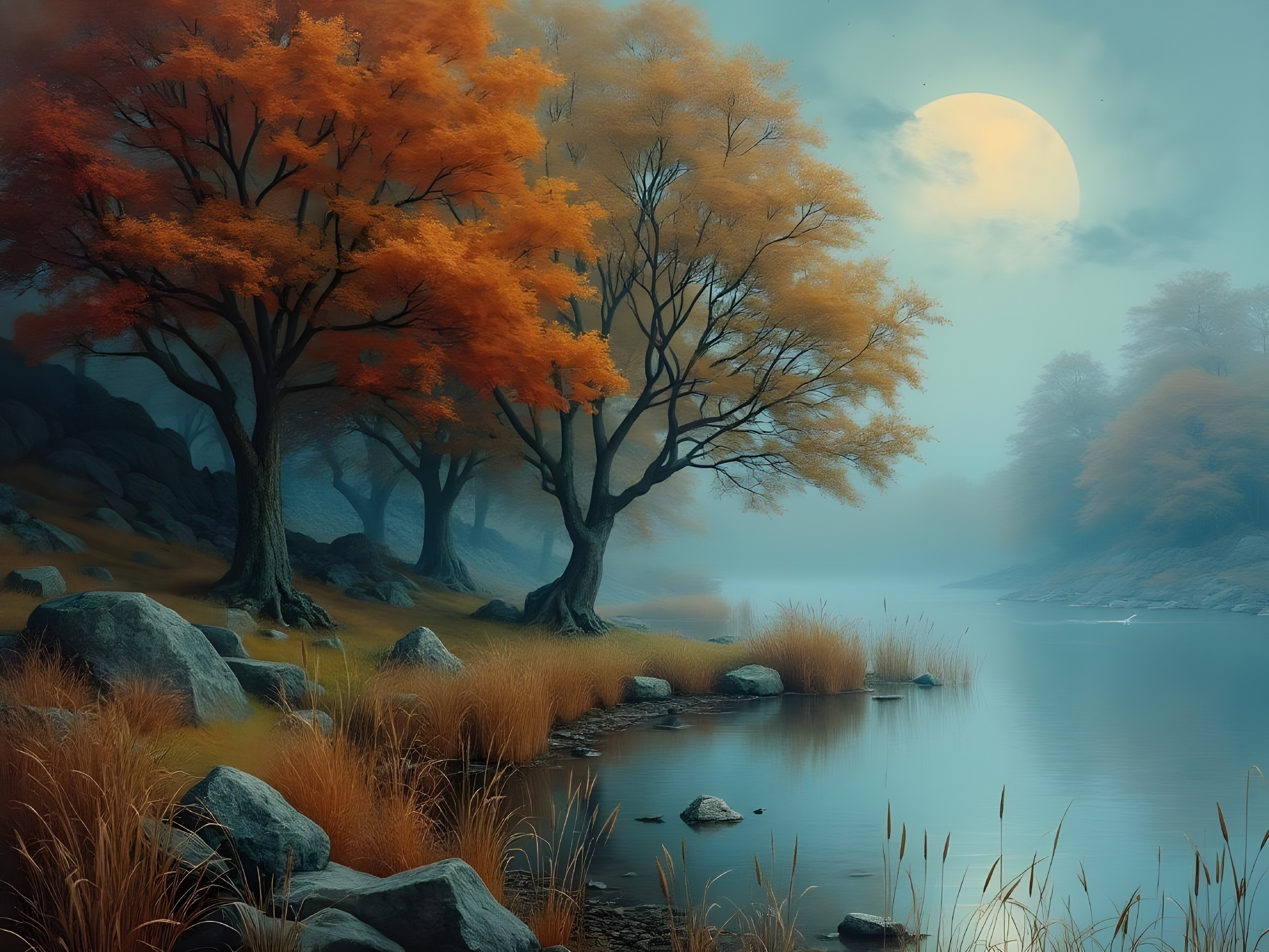 Serene Autumn Landscape with River and Misty Trees