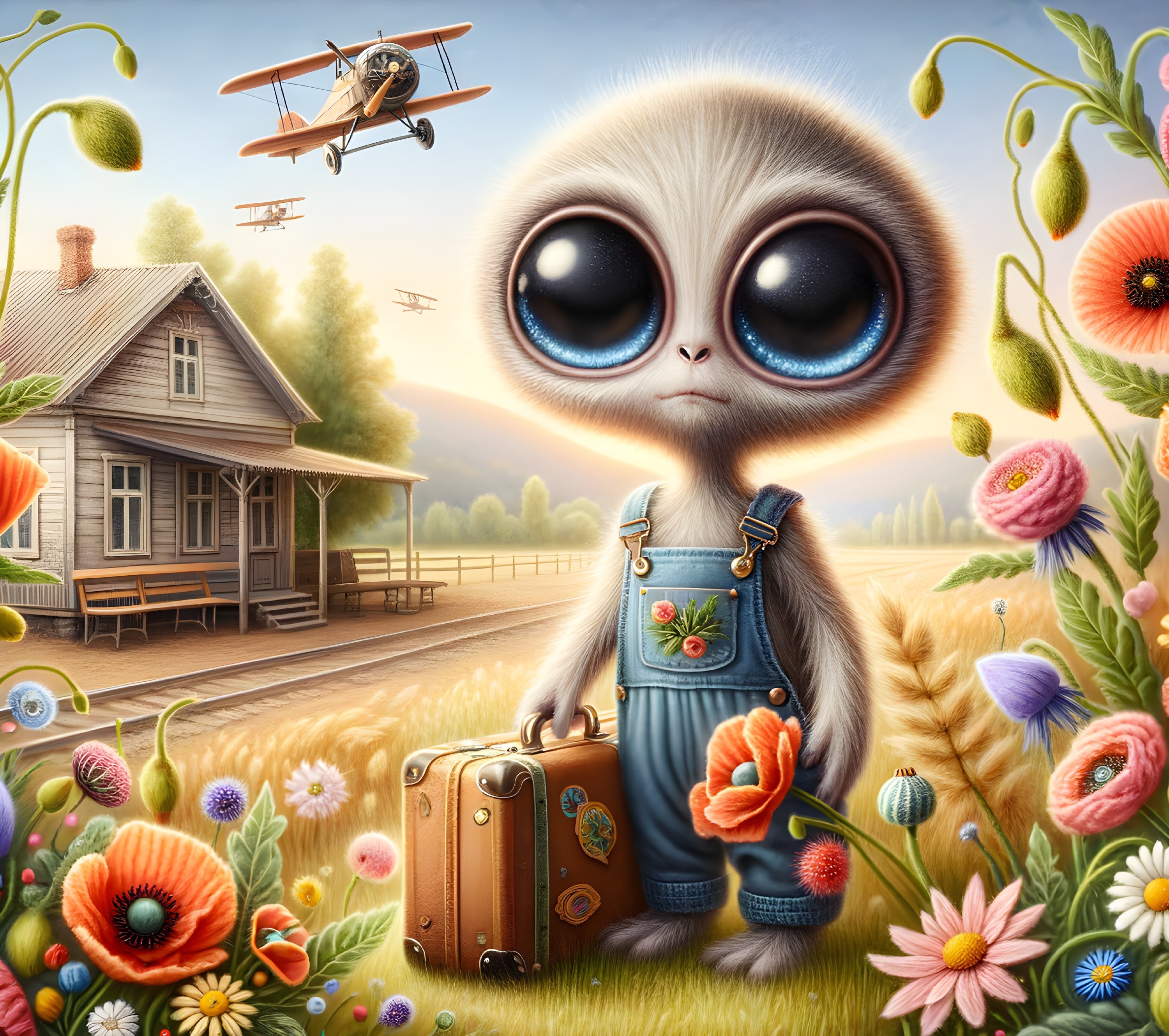 Whimsical Alien at Vintage Train Station with Wildflowers