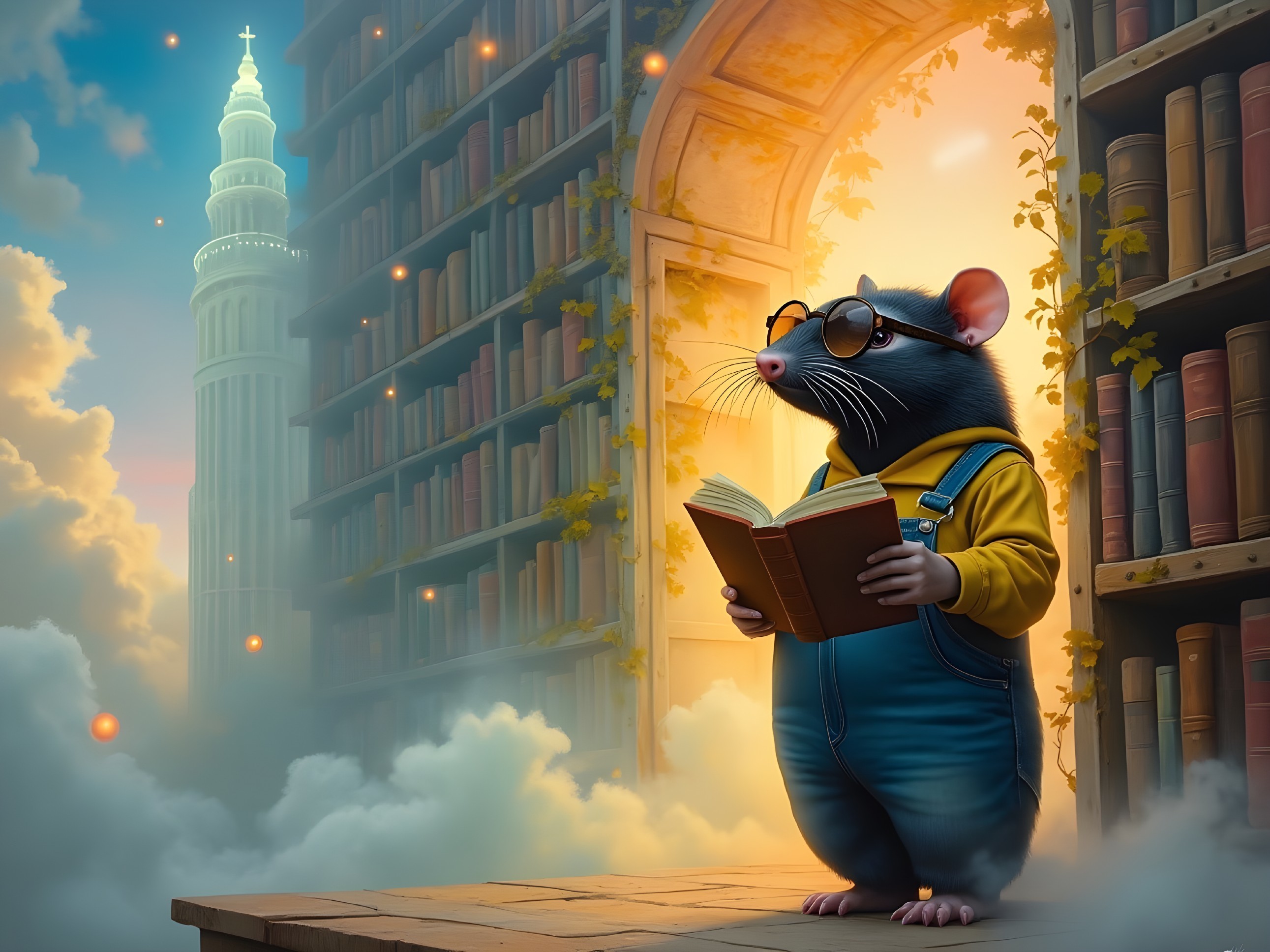 Charming Mouse in Magical Library with Colorful Books