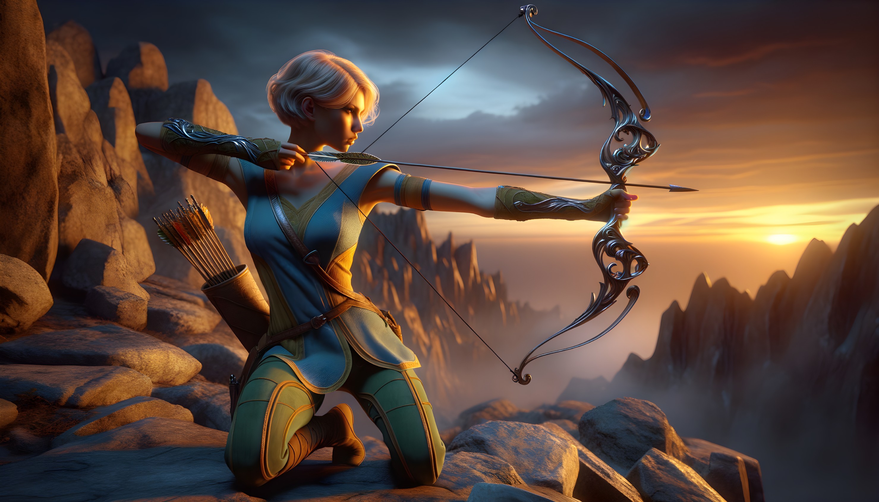 Digital Artwork of Female Archer at Sunset
