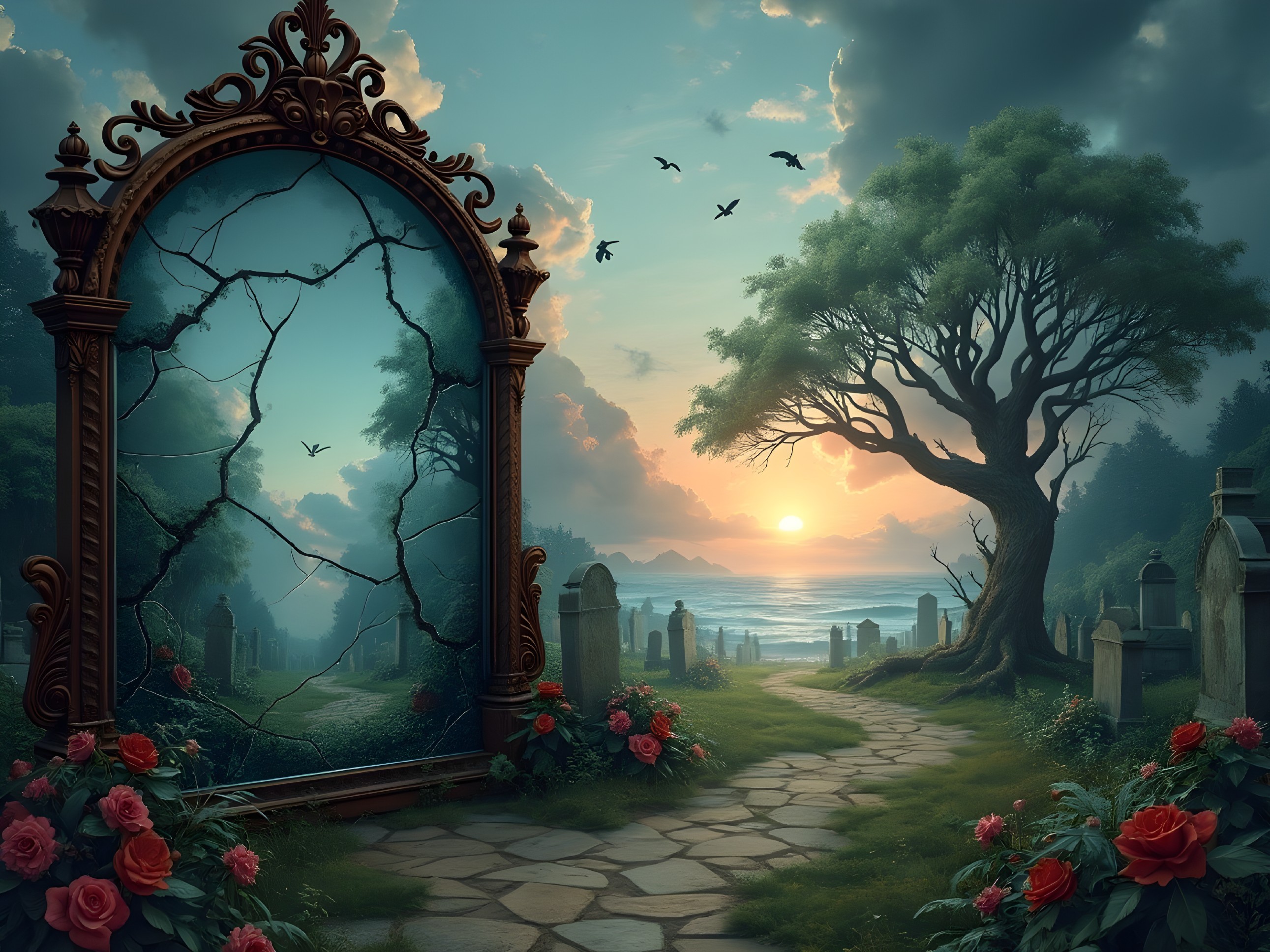 Ornate Mirror Reflecting Sunset Over Ocean Landscape