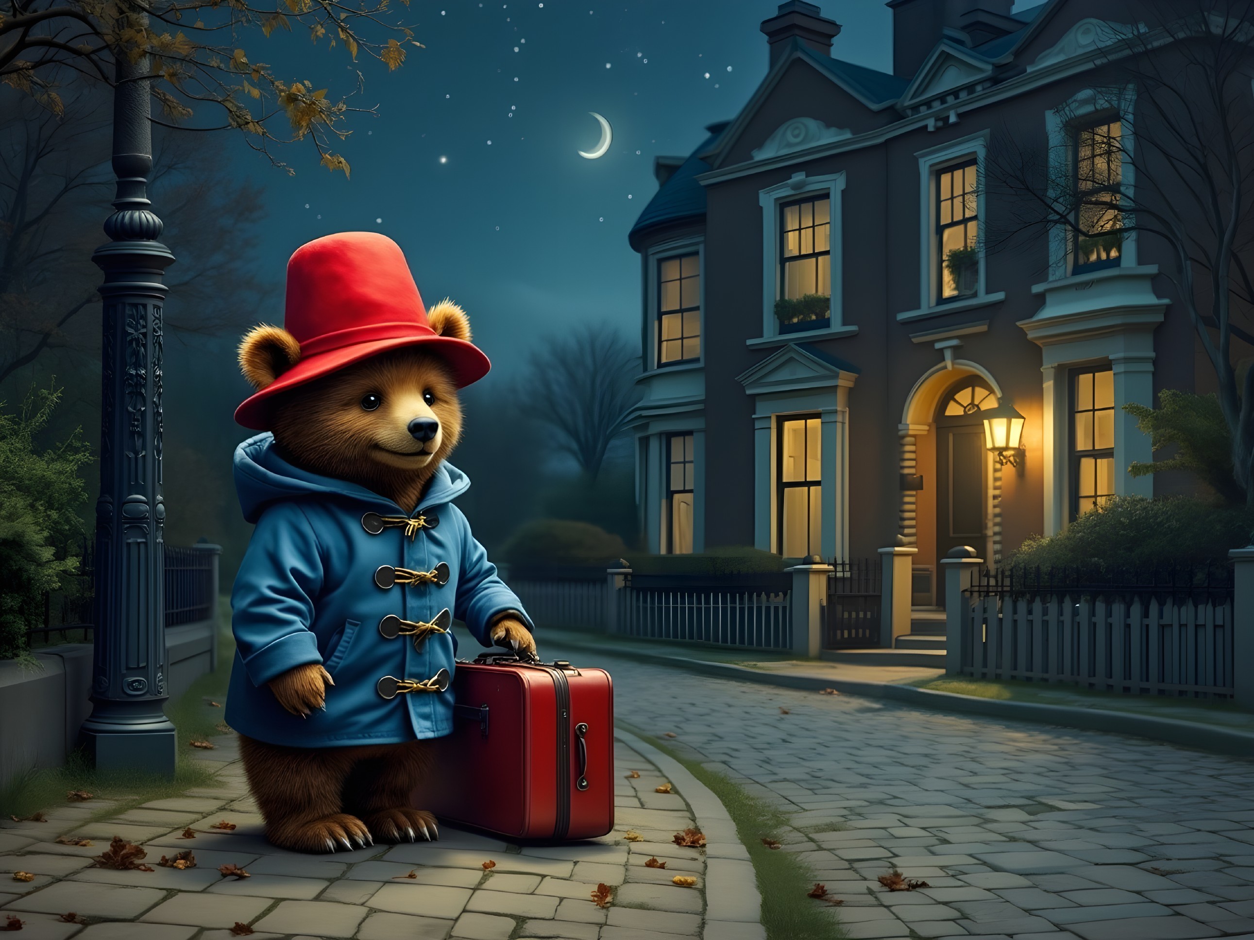 Bear in Duffle Coat on Cobblestone Street at Night
