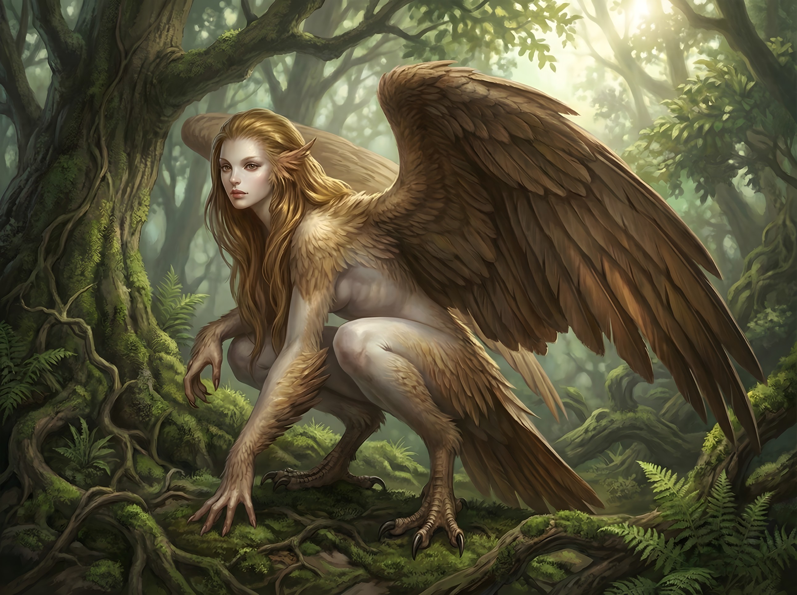 Harpy with Golden Hair in Lush Forest Setting