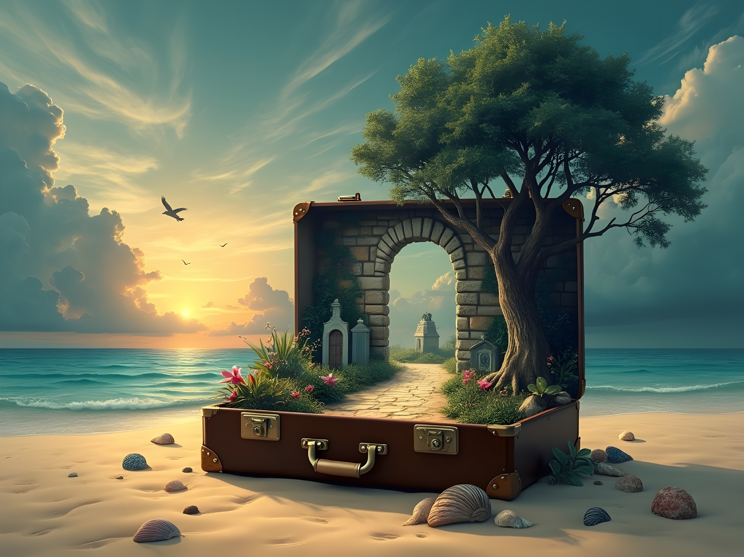Suitcase Scene with Beach Pathway at Sunset