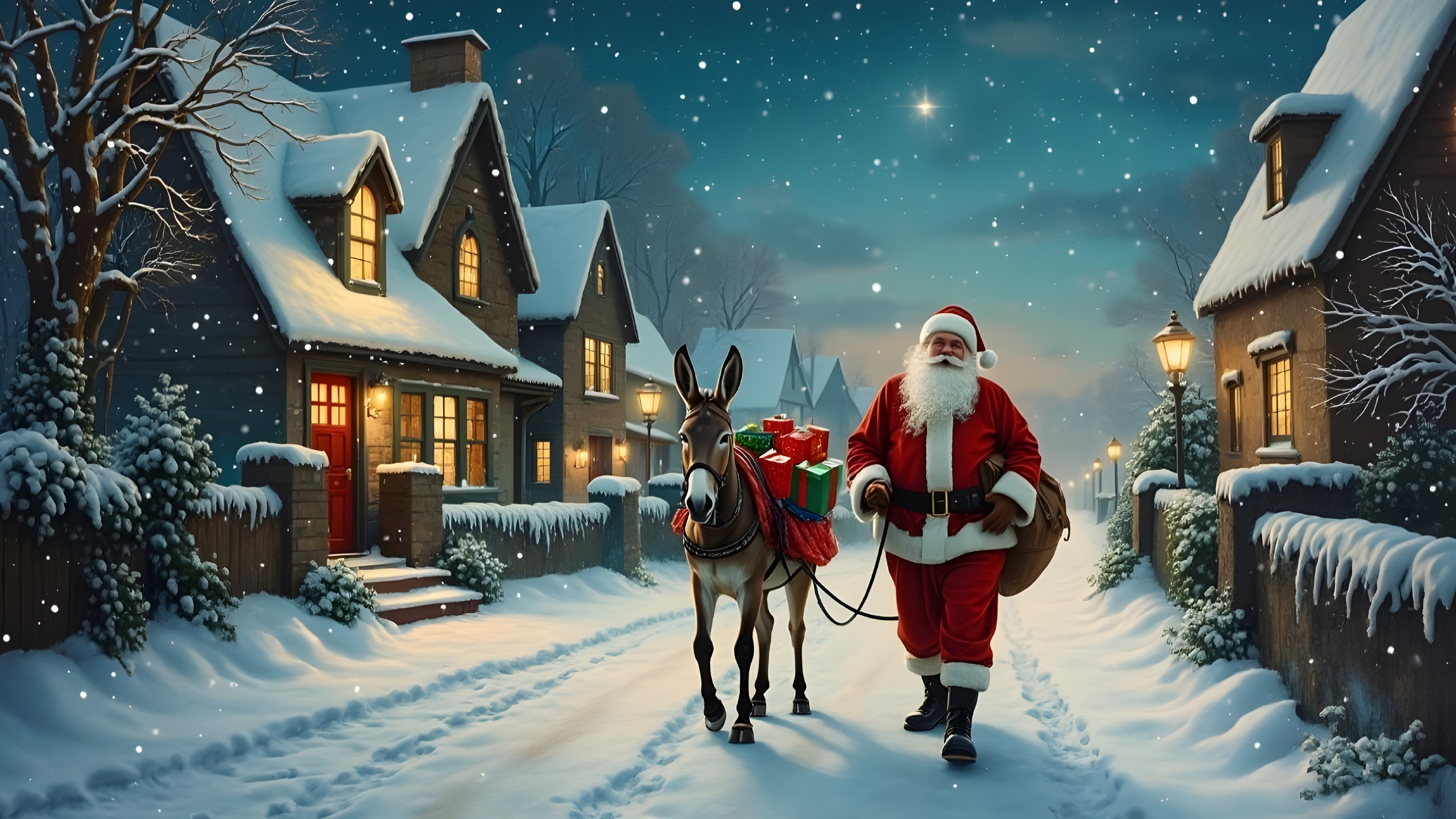 Santa Claus and Donkey in a Snowy Village Scene