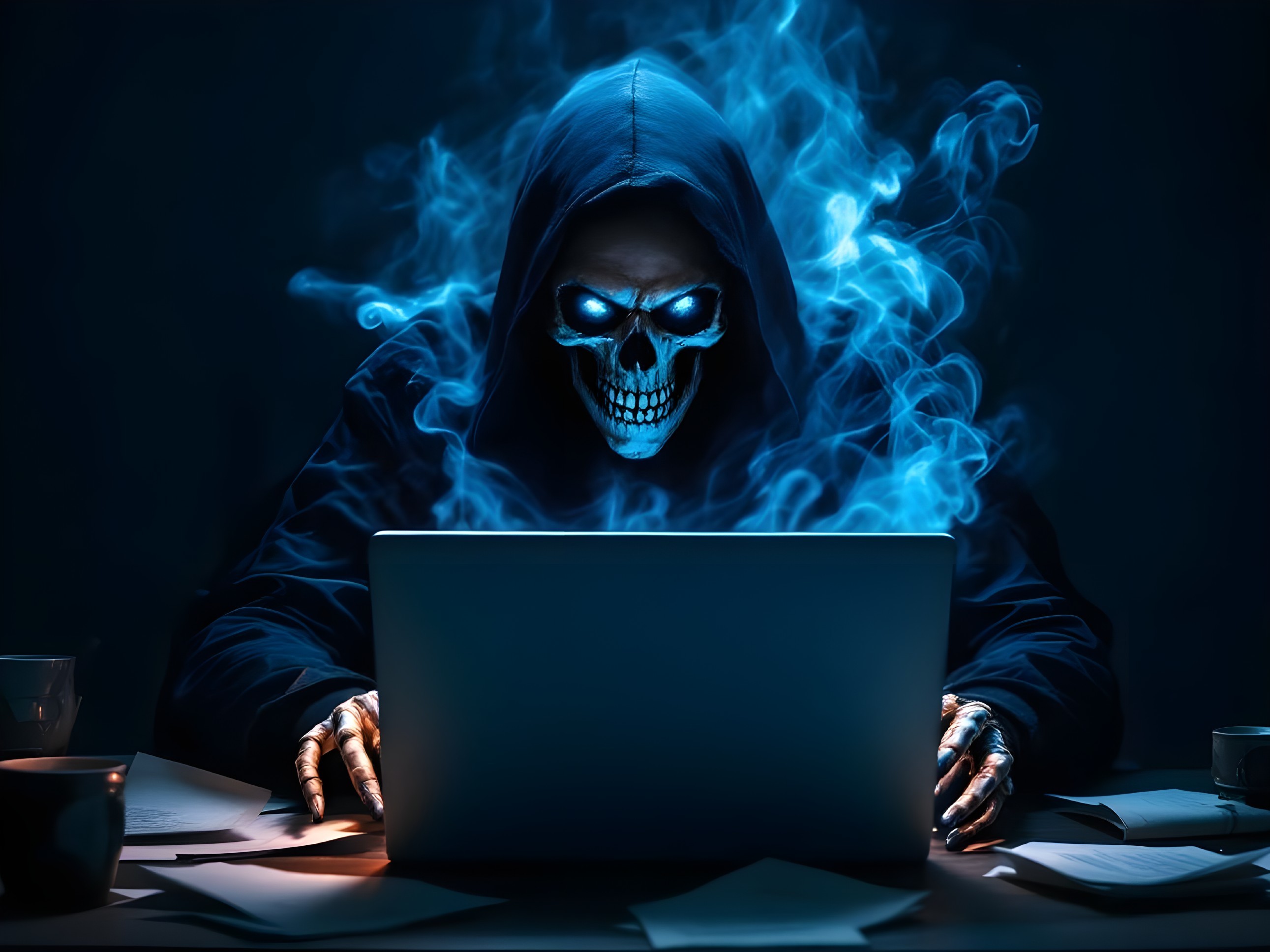 Mysterious figure in dark cloak with glowing laptop