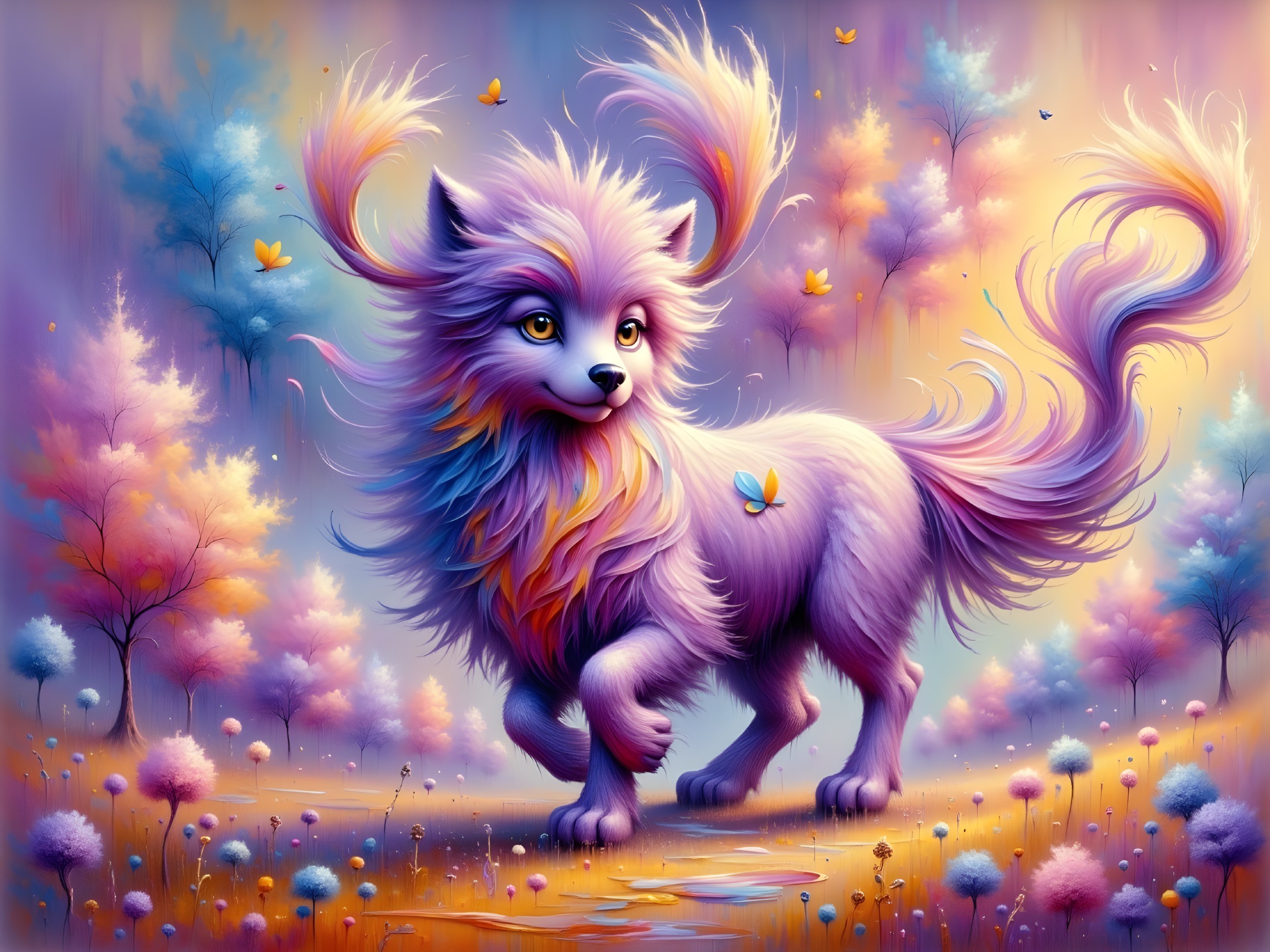 Colorful fox-like creature in a whimsical landscape