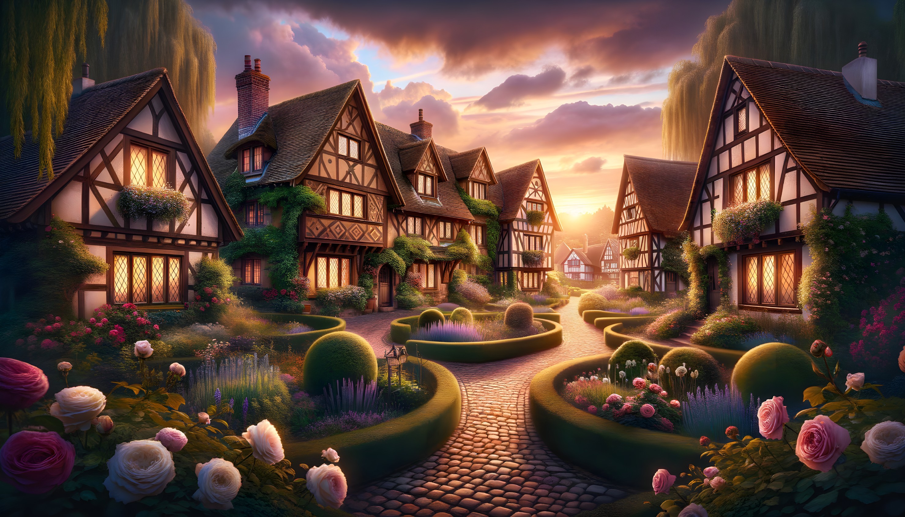 Picturesque Village Scene with Tudor Houses at Sunset