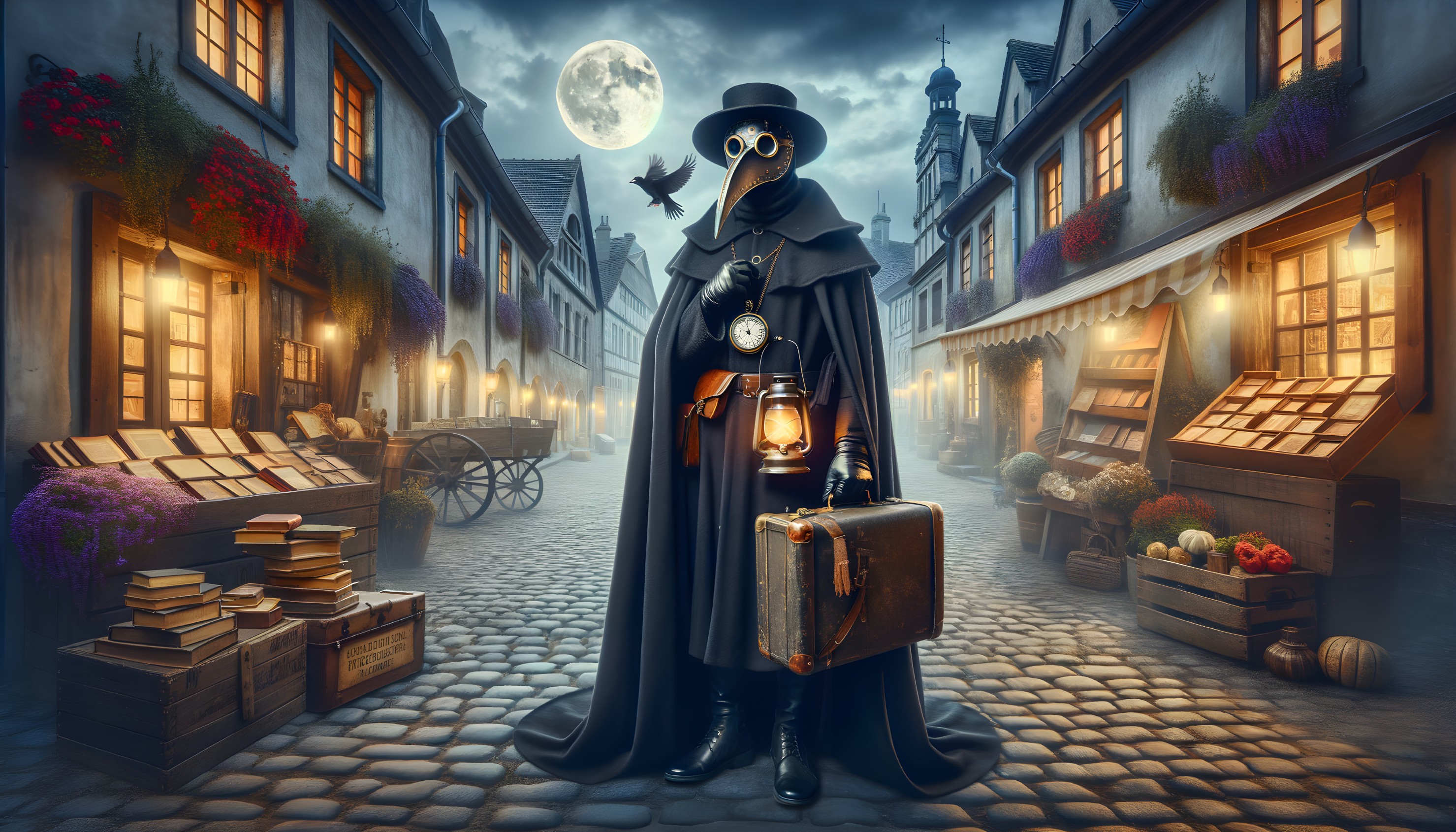 Plague Doctor on Misty Cobblestone Street at Night