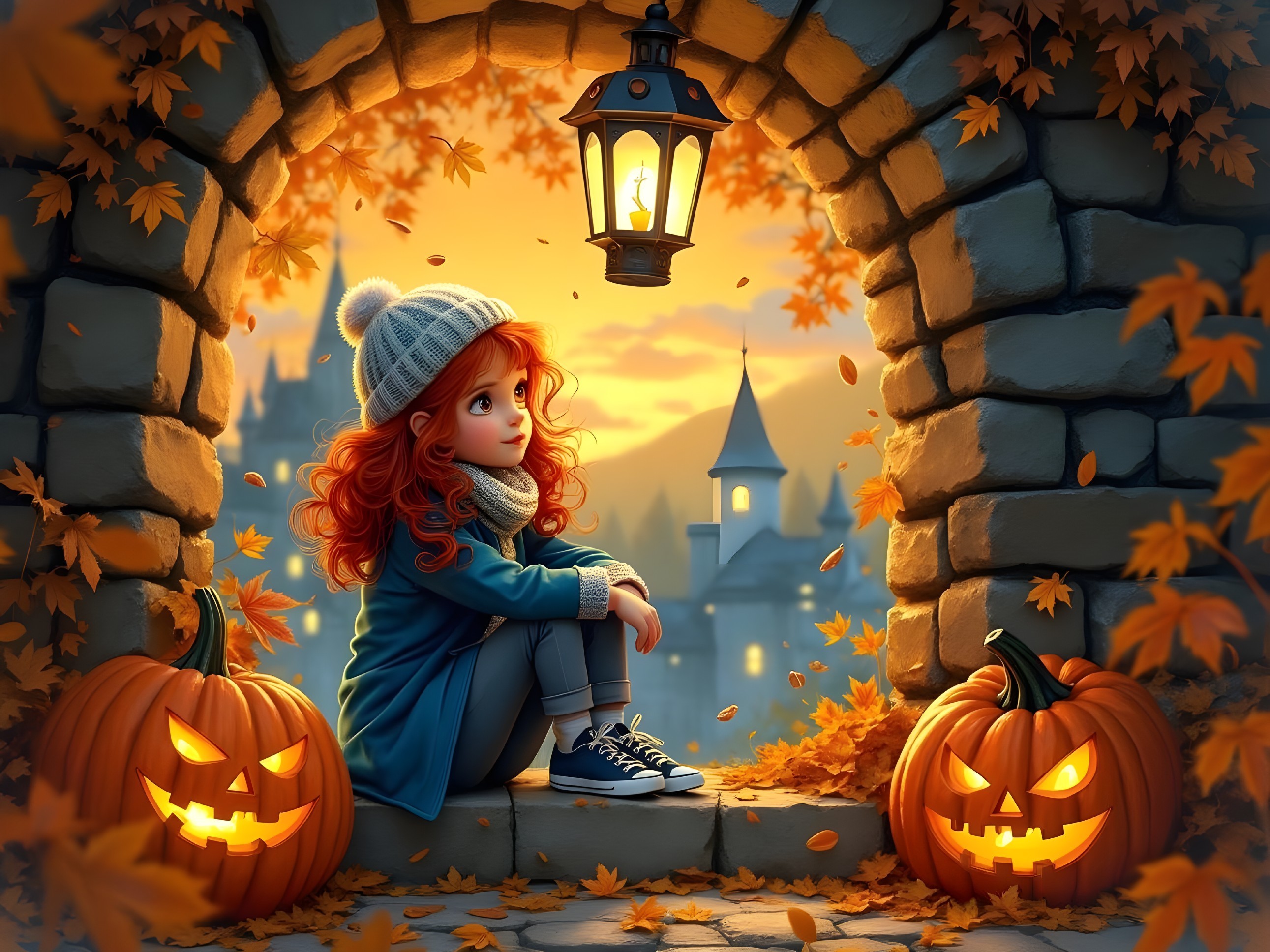 Autumn Scene with Girl, Lantern, and Carved Pumpkins