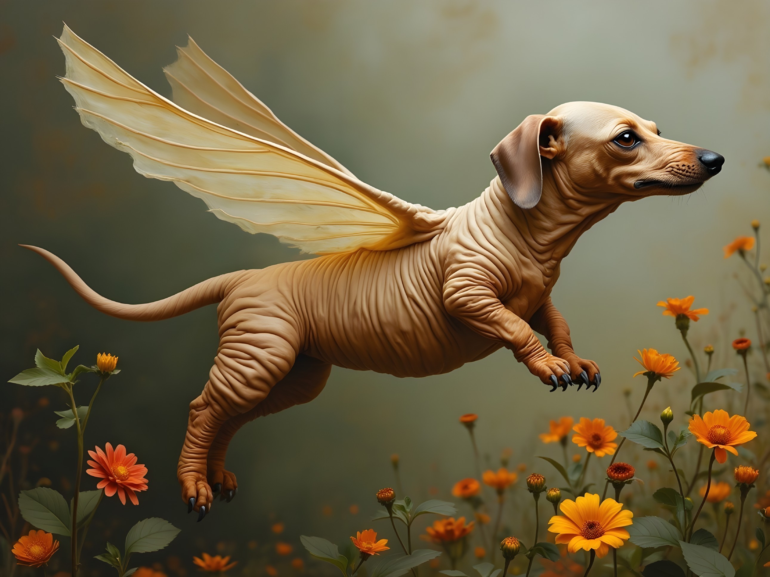 Dachshund with Butterfly Wings Over Orange Flowers