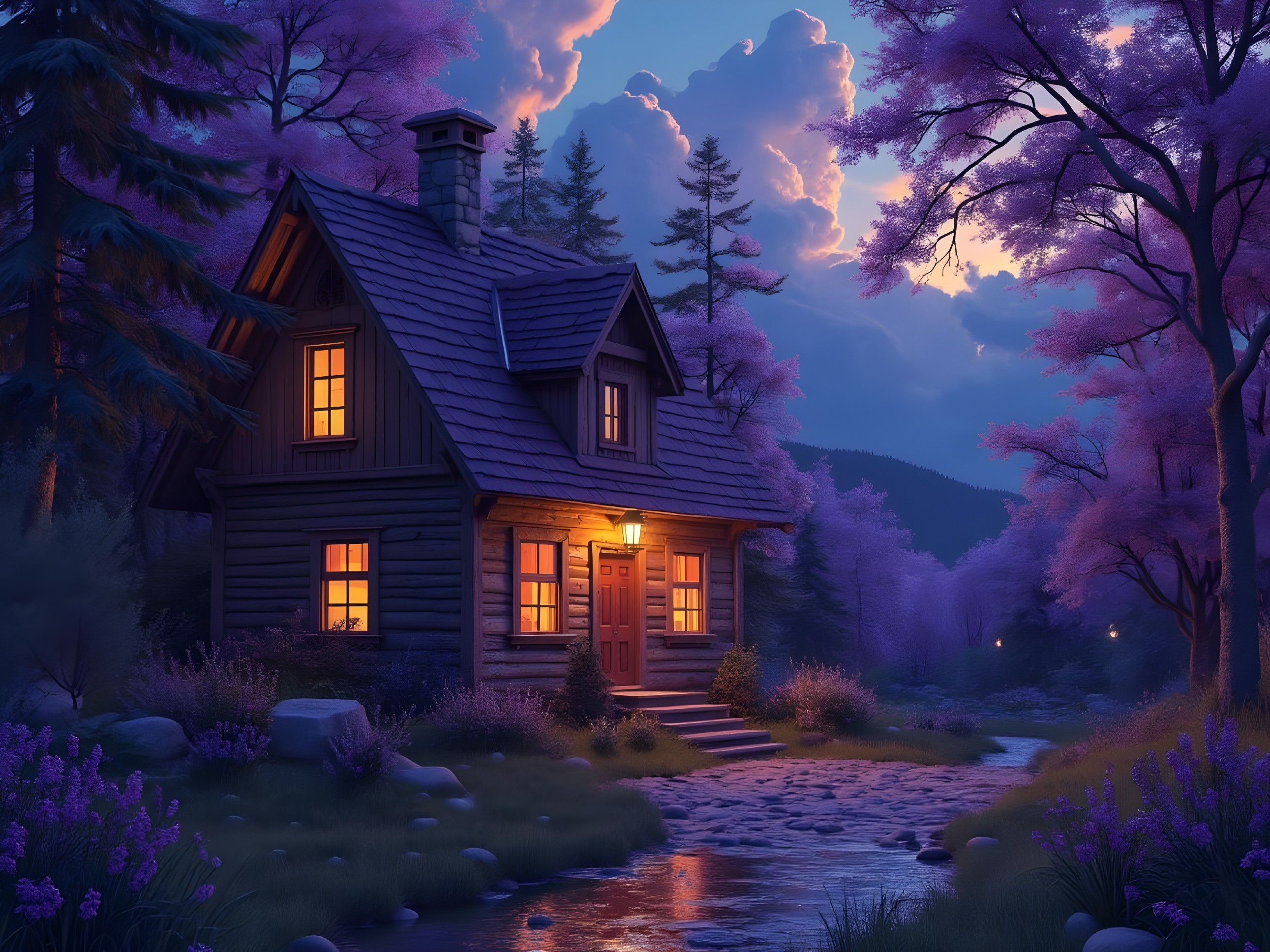 Wooden cabin in twilight with glowing windows and stream