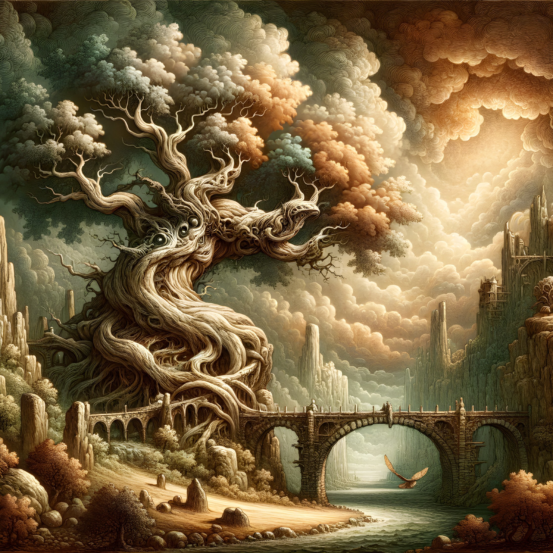 Twisted tree over stone bridge in fantastical landscape