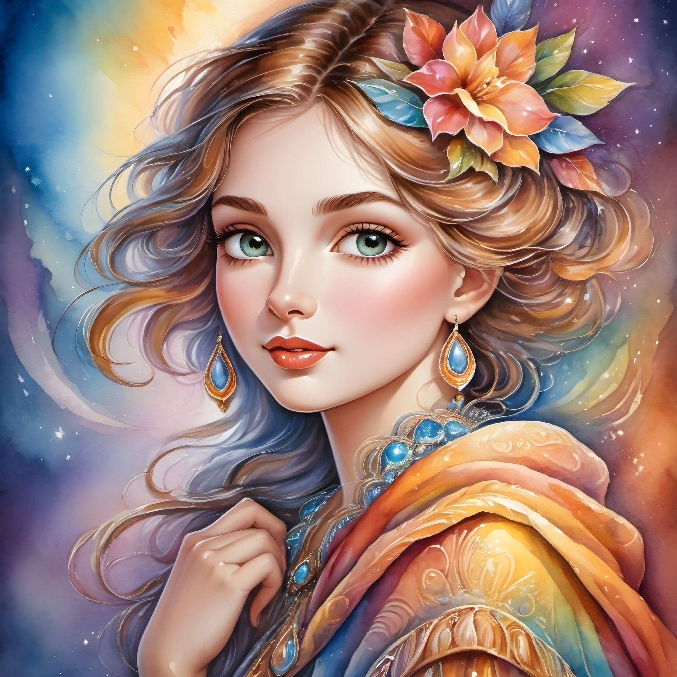 Illustration of a Young Woman with Flowing Hair and Flowers